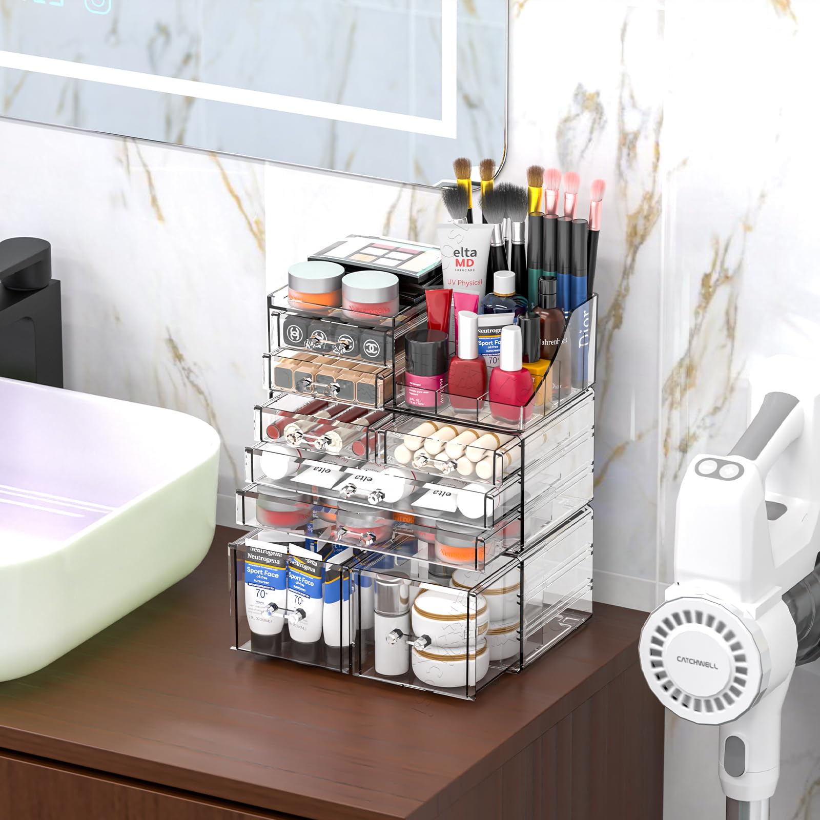 3-Pack Clear Acrylic Makeup Organizer with 8 Stackable Drawers - Vanity Jewelry, Hair Accessory & Skincare Storage for Bathroom Countertop, Dressing Table & Bedroom Decor