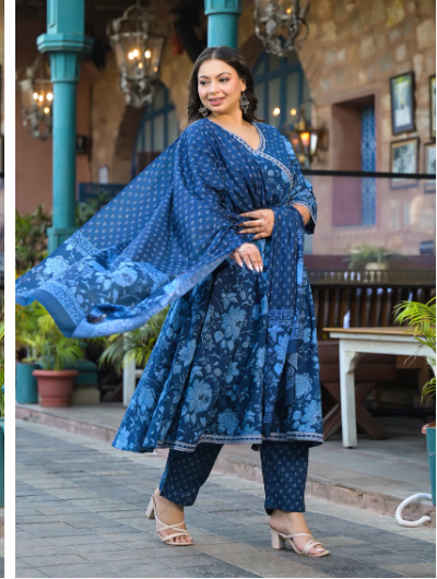 Plus Size Indigo Blue Anarkali Salwar Suit for Women - Elegant Traditional Indian Outfit for Weddings, Festivals & Special Occasions