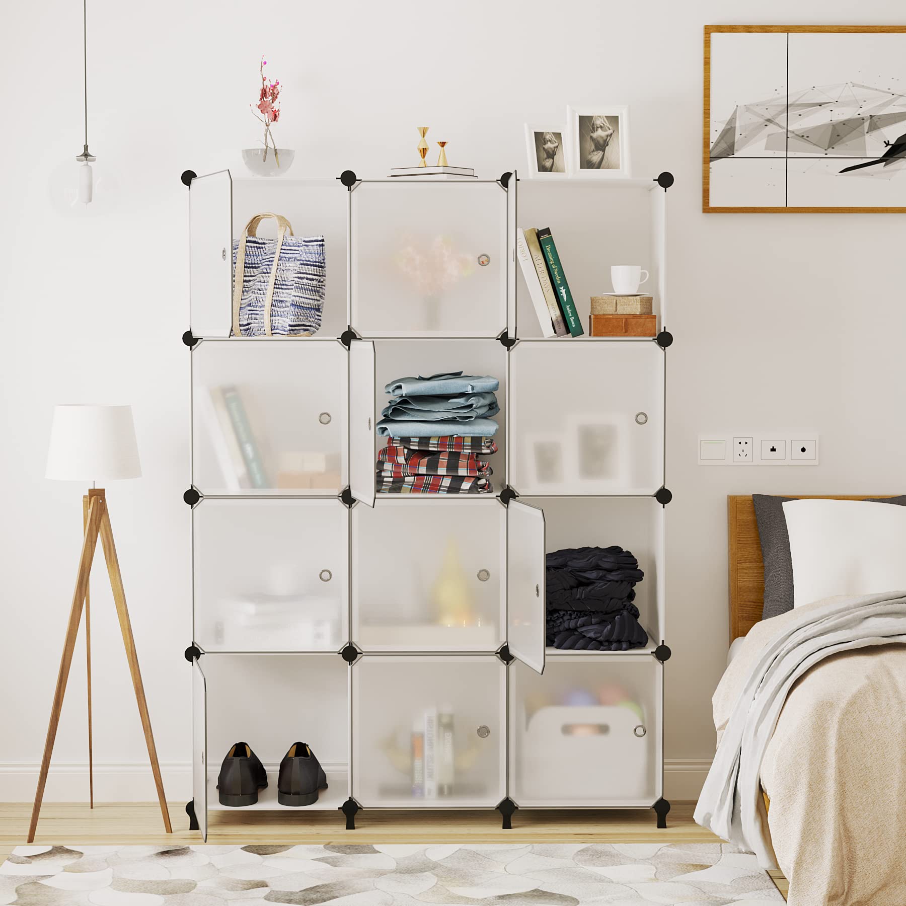 AWTATOS 12-Cube Storage Organizer with Doors - DIY Plastic Closet Shelf & Modular Bookshelf - Stackable Shelving Unit for Bedroom, Living Room, Office - Translucent Organizer for Toys, Books, Clothes (ULPZ011)