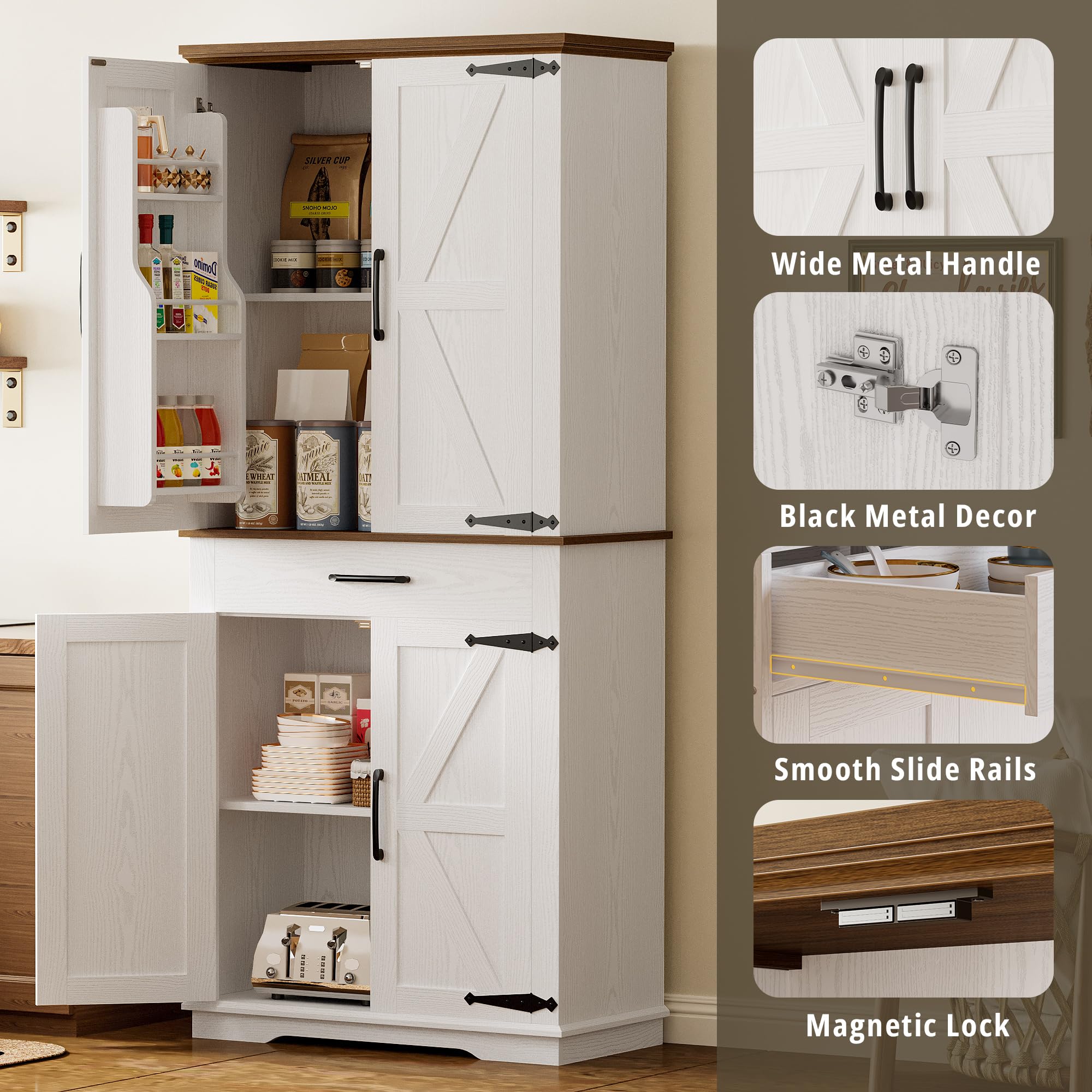 IRONCK Farmhouse Kitchen Pantry Cabinet - 6 Adjustable Shelves, Freestanding Storage Cupboard with Barn Doors for Kitchen & Dining Room (White/Walnut) - Perfect for Organizing Spices, Cookware & Home Decor