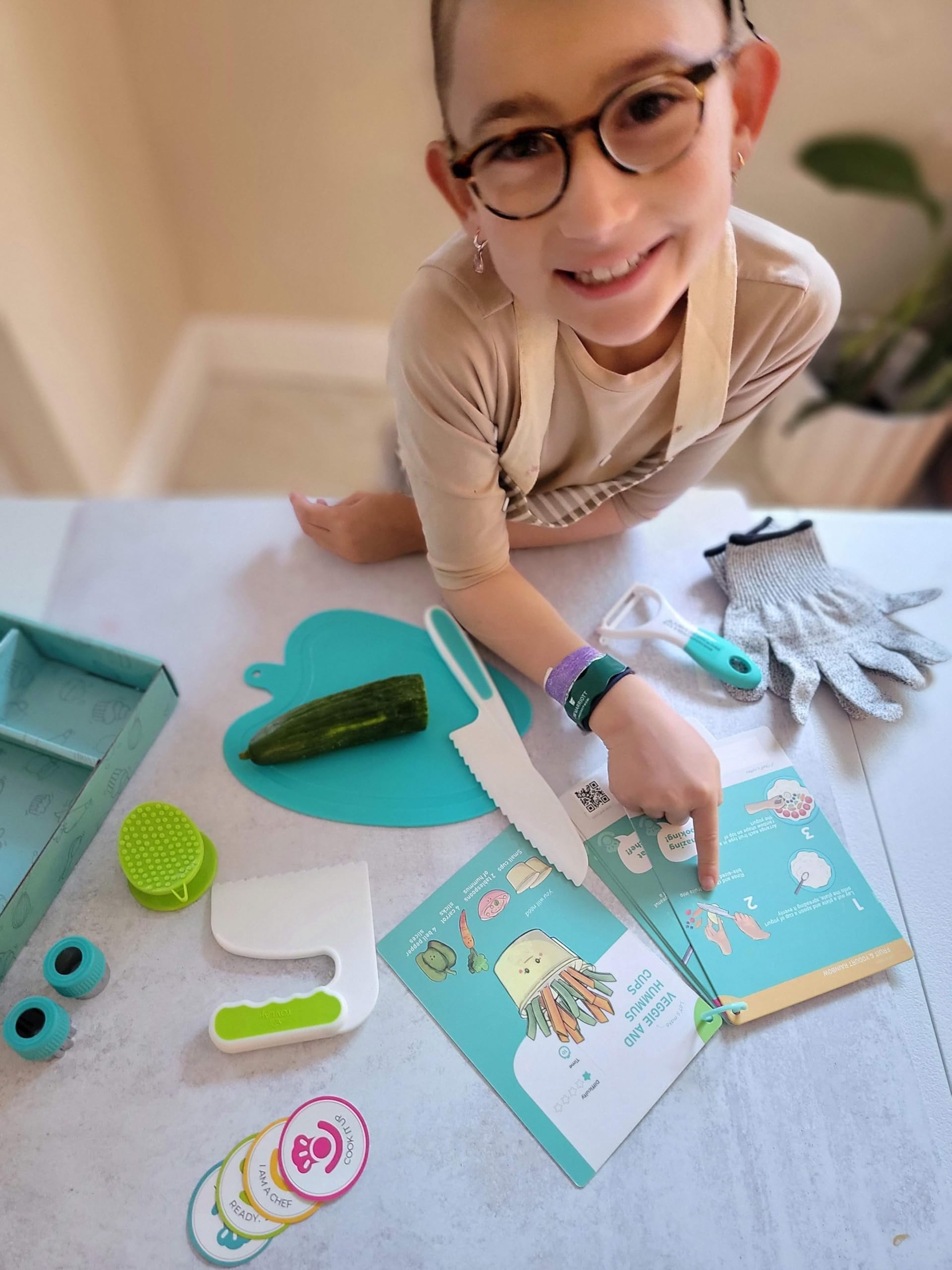 Tovla Jr Kids Montessori Cooking Tools Set - Safe Kitchen Knives for Children with Cutting Board, Vegetable Peeler & Gloves - Perfect Gift for Toddlers Learning to Cook - Ideal for Family Cooking Activities and Montessori Education