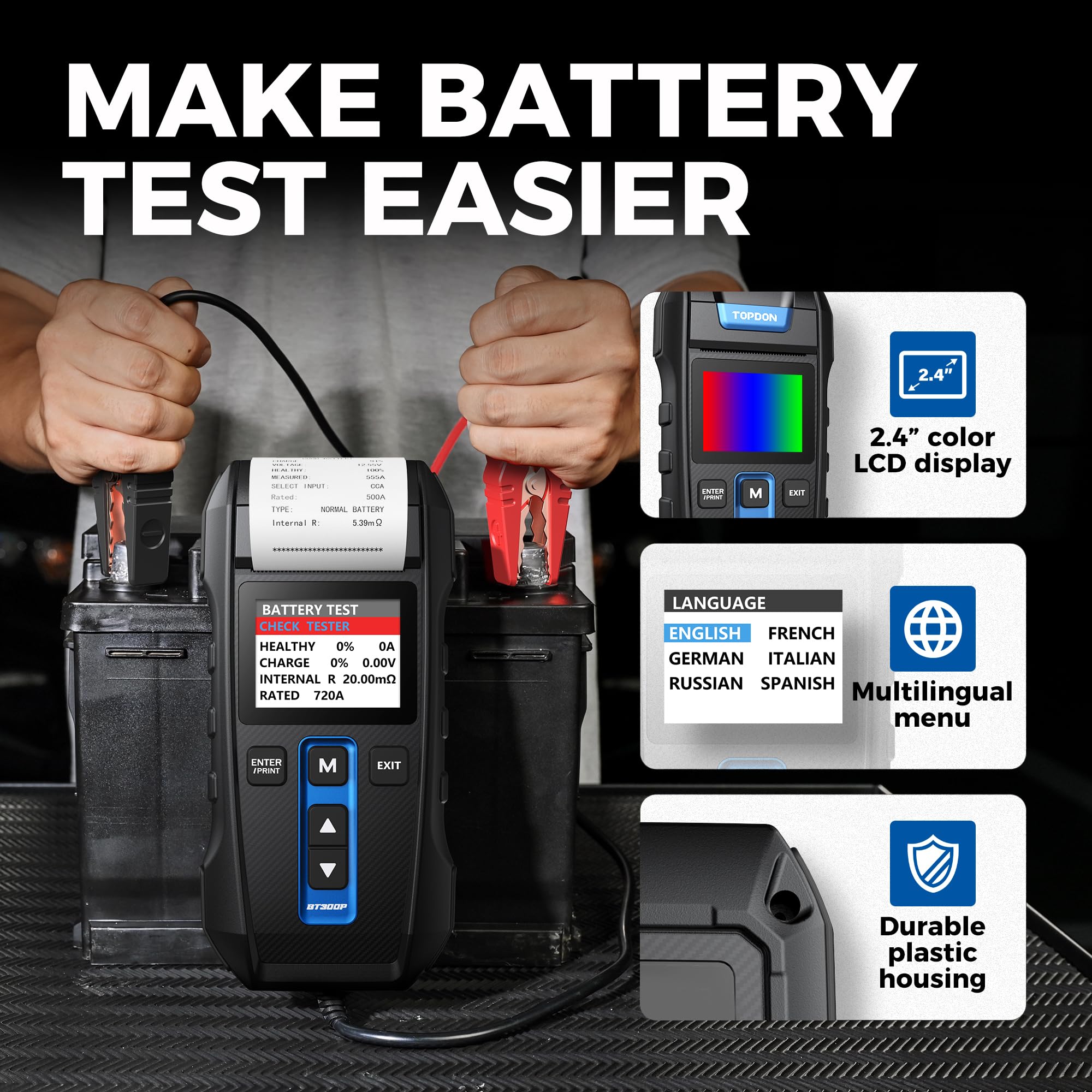 TOPDON BT300P 12V 24V Car Battery Tester - 100-2000CCA Lead-Acid Battery Load Tester with Built-in Printer & Spark-Free Metal Clamps | Alternator Tester with Automatic Reverse Polarity Protection | Perfect for Auto Shops, Mechanics & DIY Car Maintenance