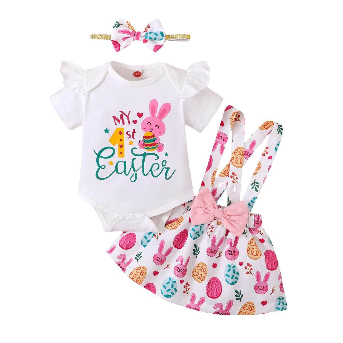 Easter Outfits for Baby Girls - Short Sleeve Bunny Romper with Rabbit Suspenders & Headband - Perfect for Easter Photos, Spring Celebrations & Family Gatherings
