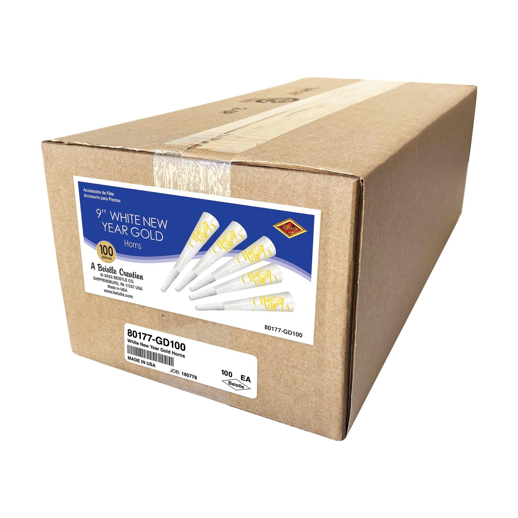 100 Pack Beistle White New Year Gold Party Horns - Fun Noise Makers for New Year's Eve Celebrations, Birthday Parties & Festive Events