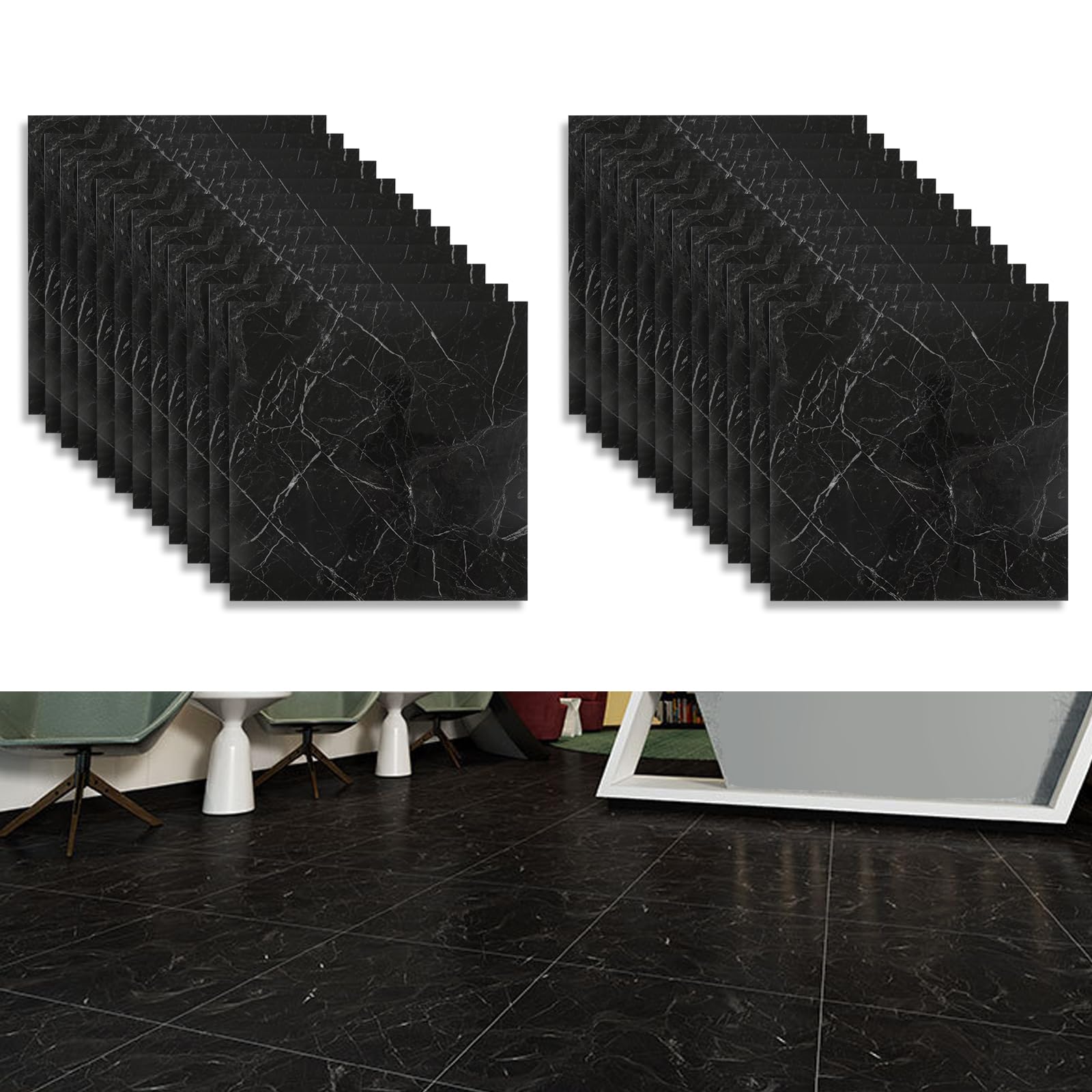 Waterproof Peel and Stick Vinyl Floor Tiles - Marble Pattern Removable Flooring for Bathroom, Kitchen, Bedroom & Basement - Easy DIY Home Renovation & Apartment Upgrades