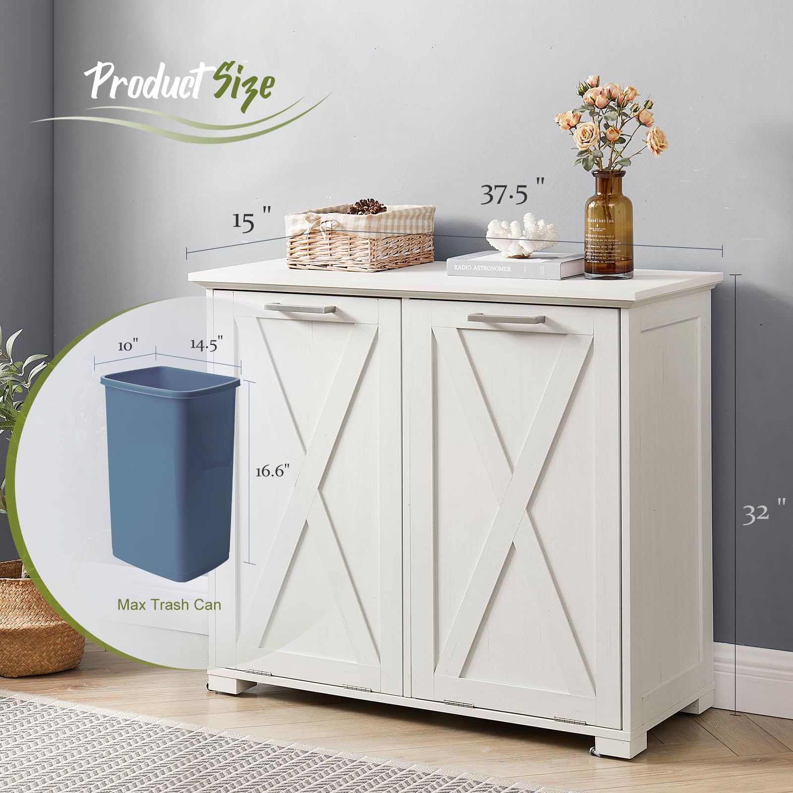 20-Gallon Tilt-Out Trash Can Cabinet with Odor Control | Pull-Out Recycling Bin Storage for Kitchen, Bedroom & Laundry | White Wooden Top Organizer | Perfect for Small Spaces & Waste Management