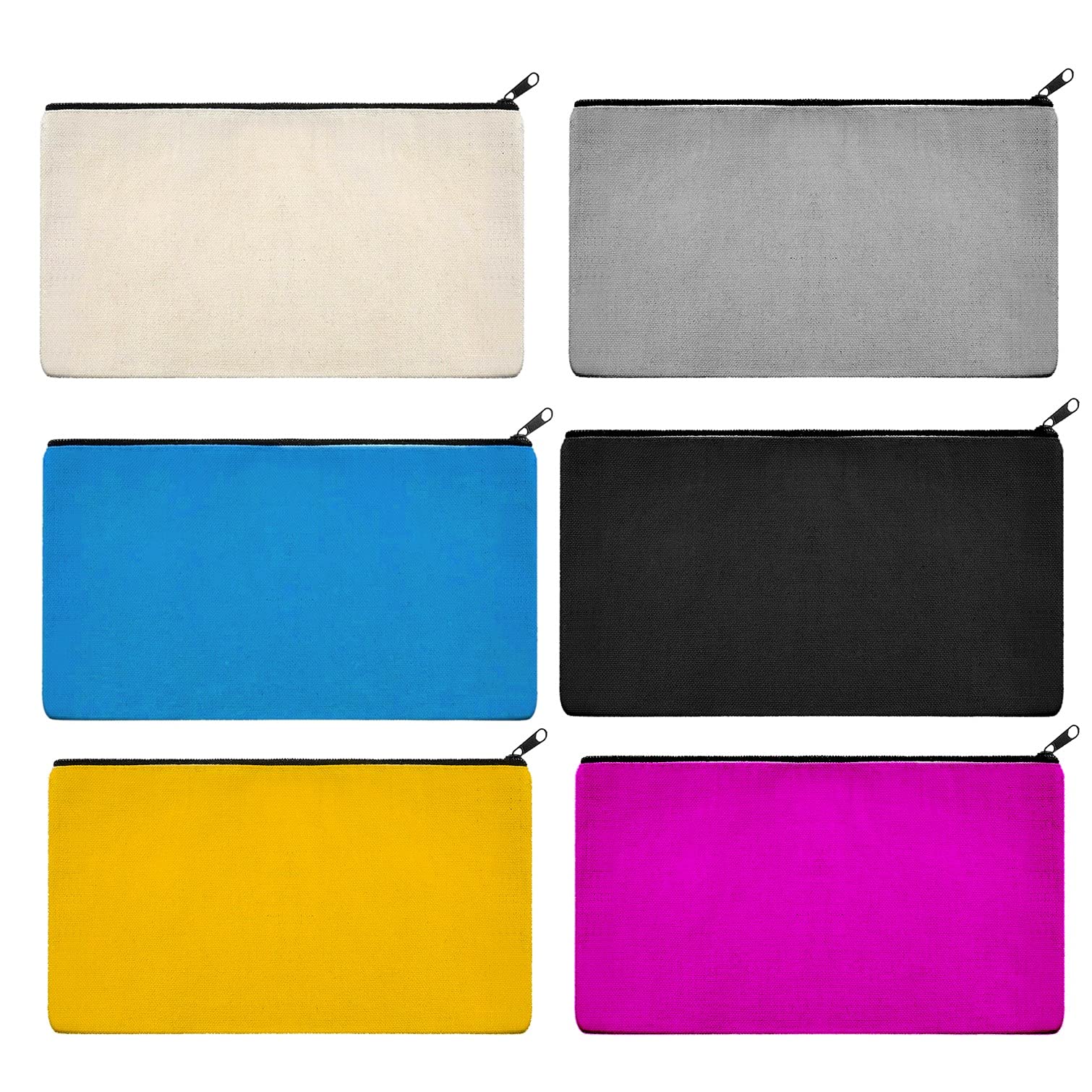 DIY Craft Blank Canvas Zipper Pouch - 6 Pack Multipurpose Makeup, Pencil & Pen Case for Travel, School & Office - Cotton Cosmetic Bag Set in Assorted Colors