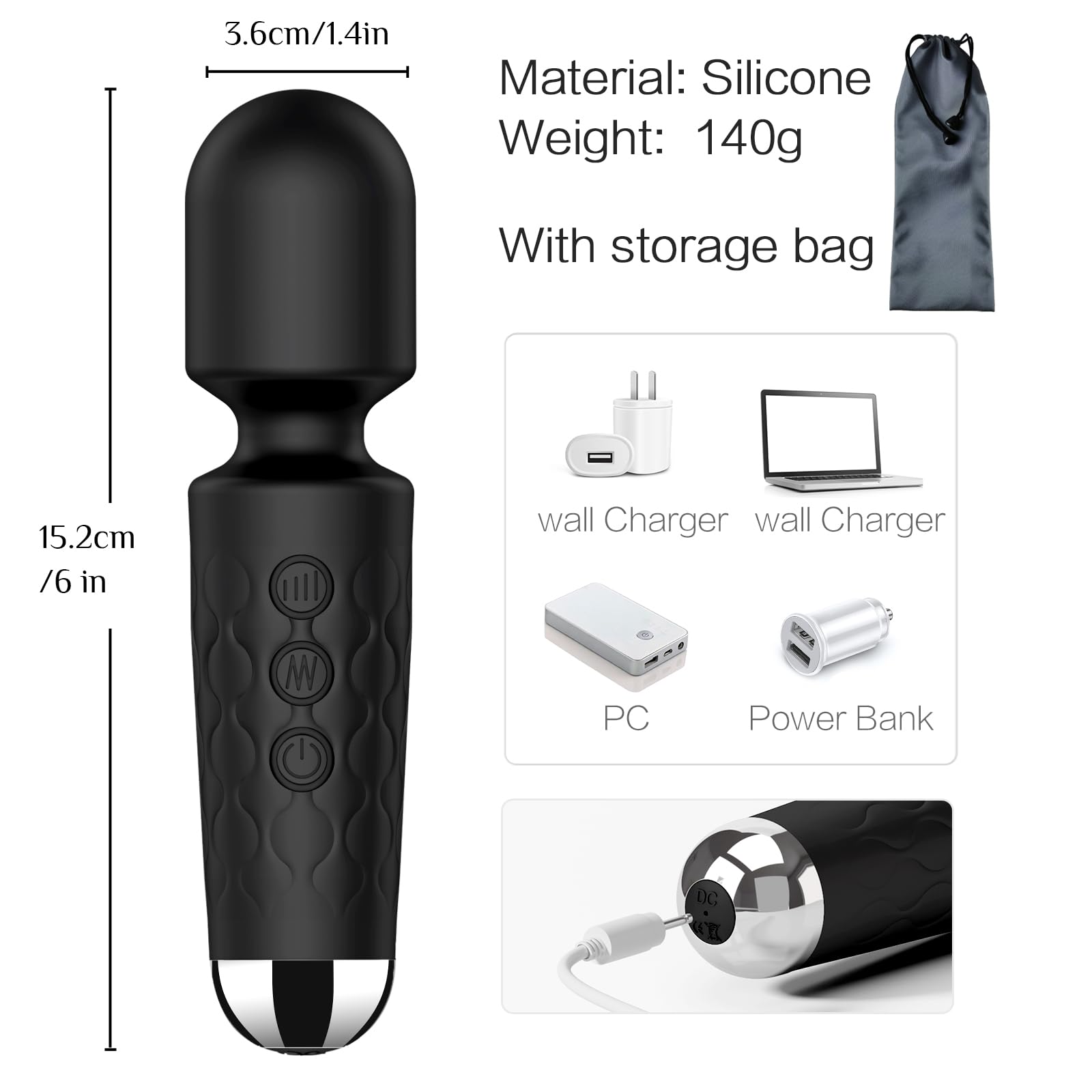 Powerful Mini Wand Vibrator for Women - 20 Patterns & 8 Speeds Clitoral Stimulator, Quiet Rechargeable Sex Toy - Perfect for Solo Play, Couples Intimacy & Sensual Gifts (Black)