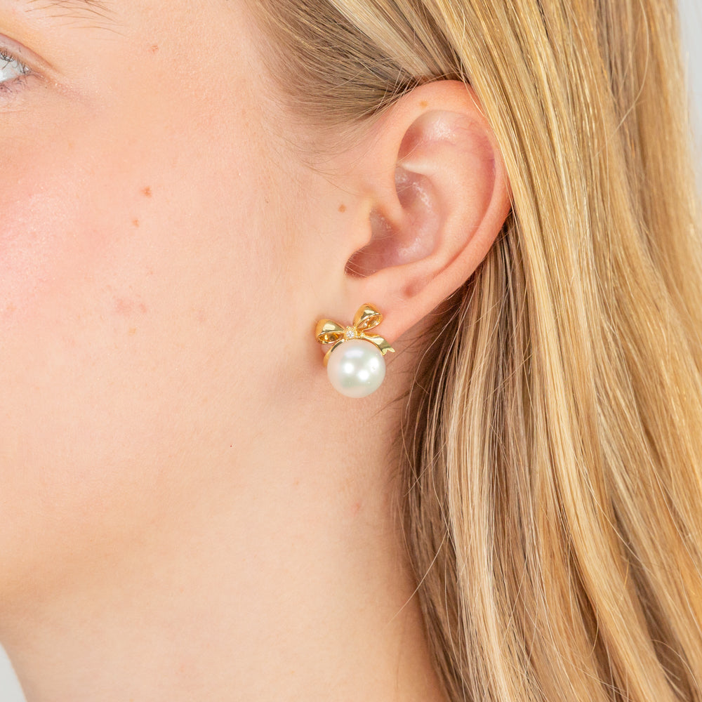 9ct Yellow Gold 11.5-12mm White South Sea Pearl and Diamond Bow Stud Earrings - Elegant Jewelry for Weddings, Parties & Special Occasions