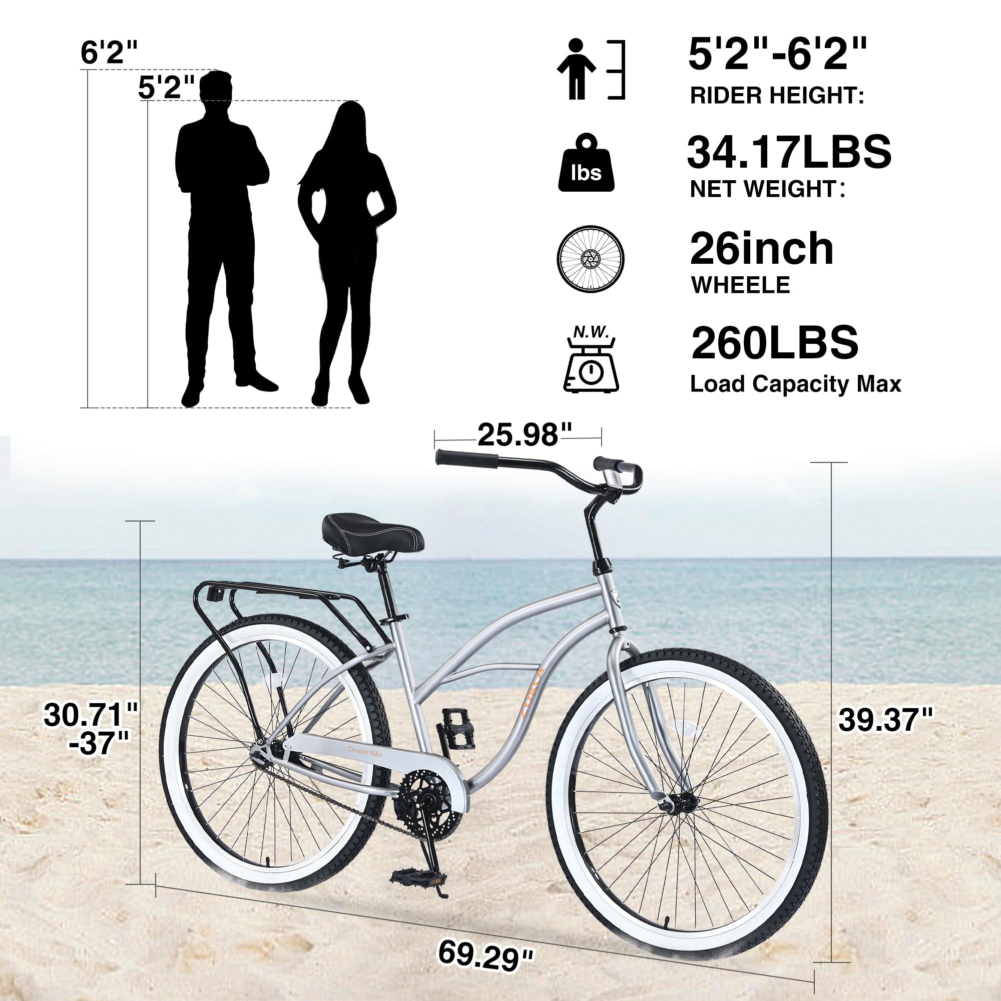 ZUKKA 26 Inch Beach Cruiser Bike - Single Speed Bicycle with Coaster Brake for Men & Women - Multiple Color Options - Perfect for Coastal Rides, Commuting & Leisure Cycling