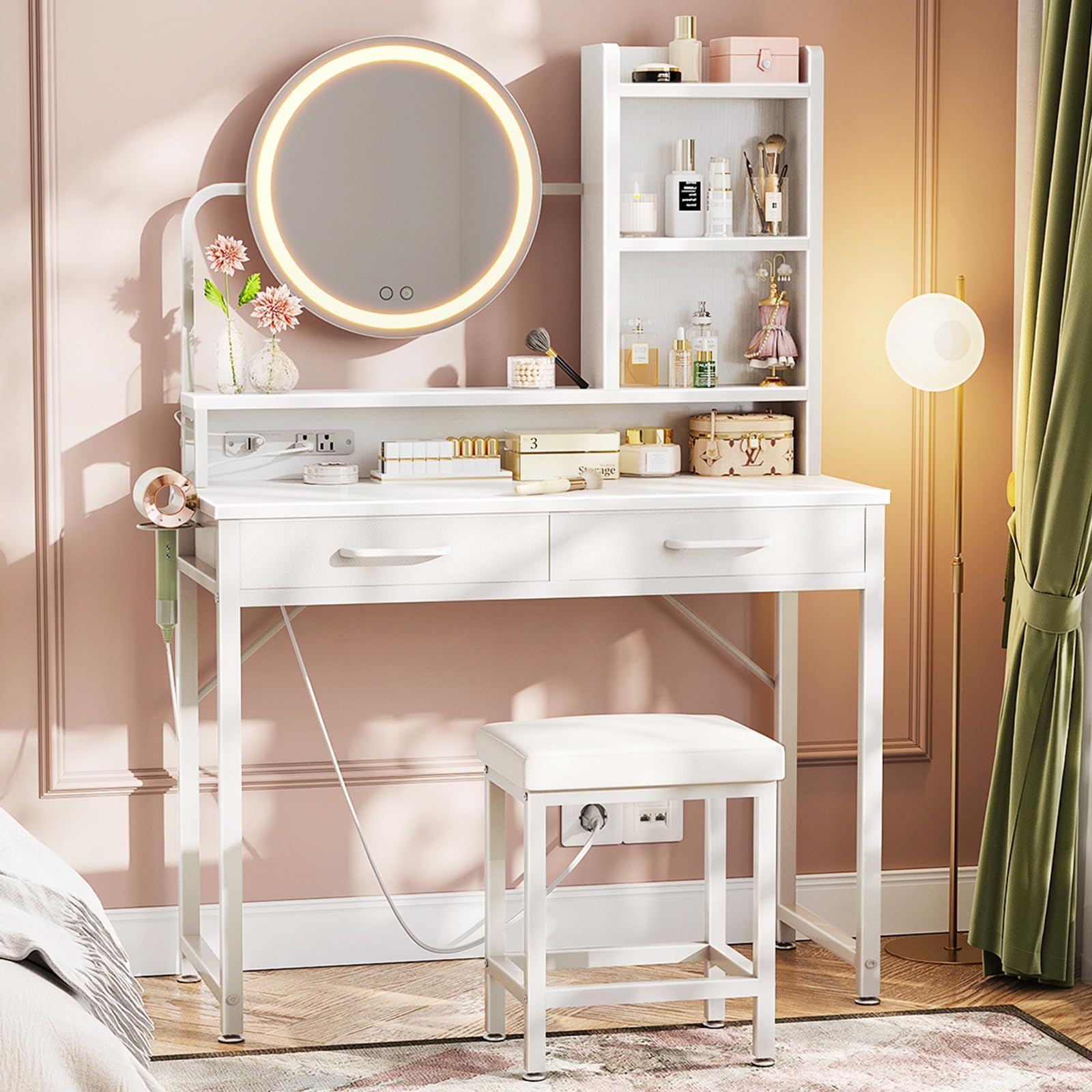 AODK 32 Inch Vanity Desk with Mirror and LED Lights, White Makeup Vanity Set with Fabric Drawers & Matching Chair - Perfect for Bedroom, Dressing Room or Small Space Makeup Station