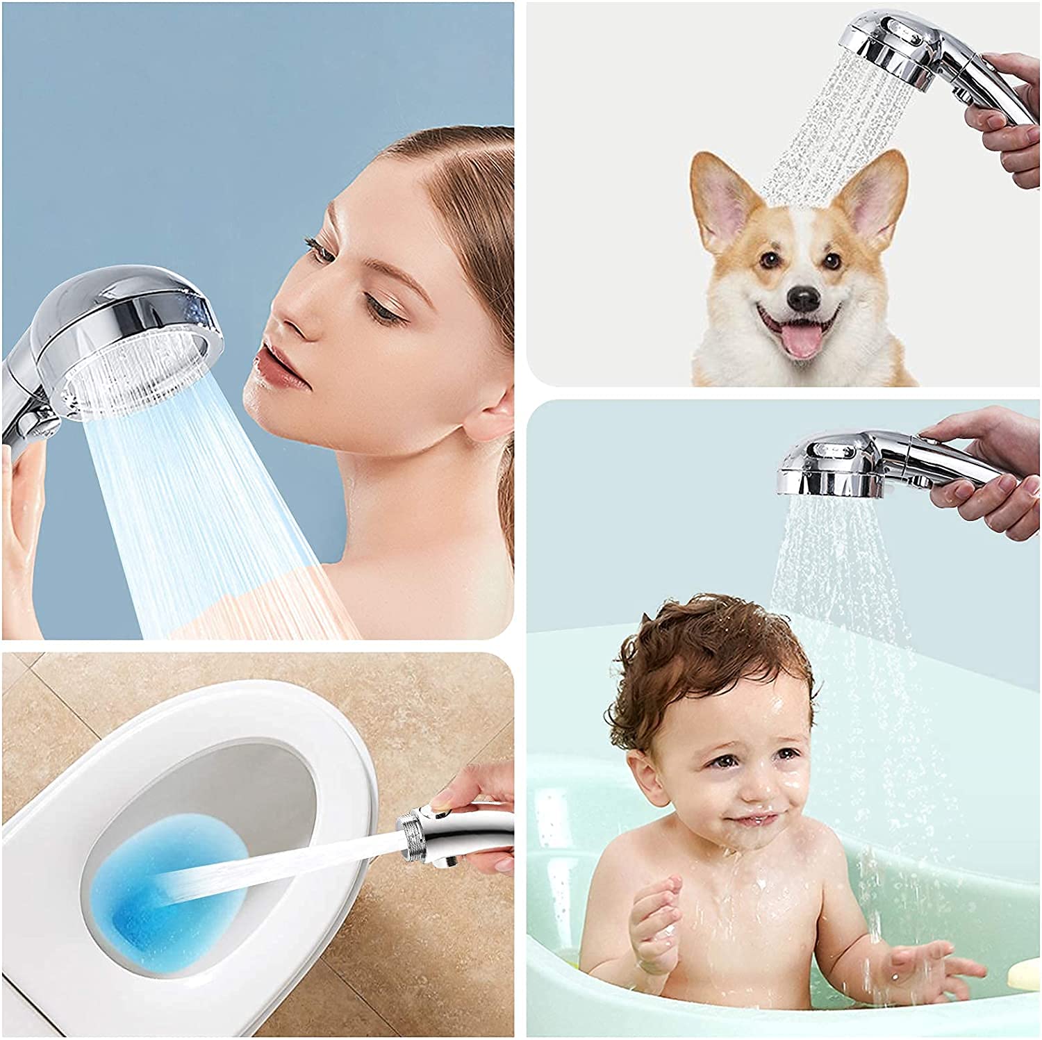 High Pressure Handheld Shower Head with ON/OFF Pause Switch - 3 Adjustable Spray Settings, G1/2 (0.8 inches) Interface - Perfect for Bathing Pets, Washing Hair & Rinsing Hard-to-Reach Areas