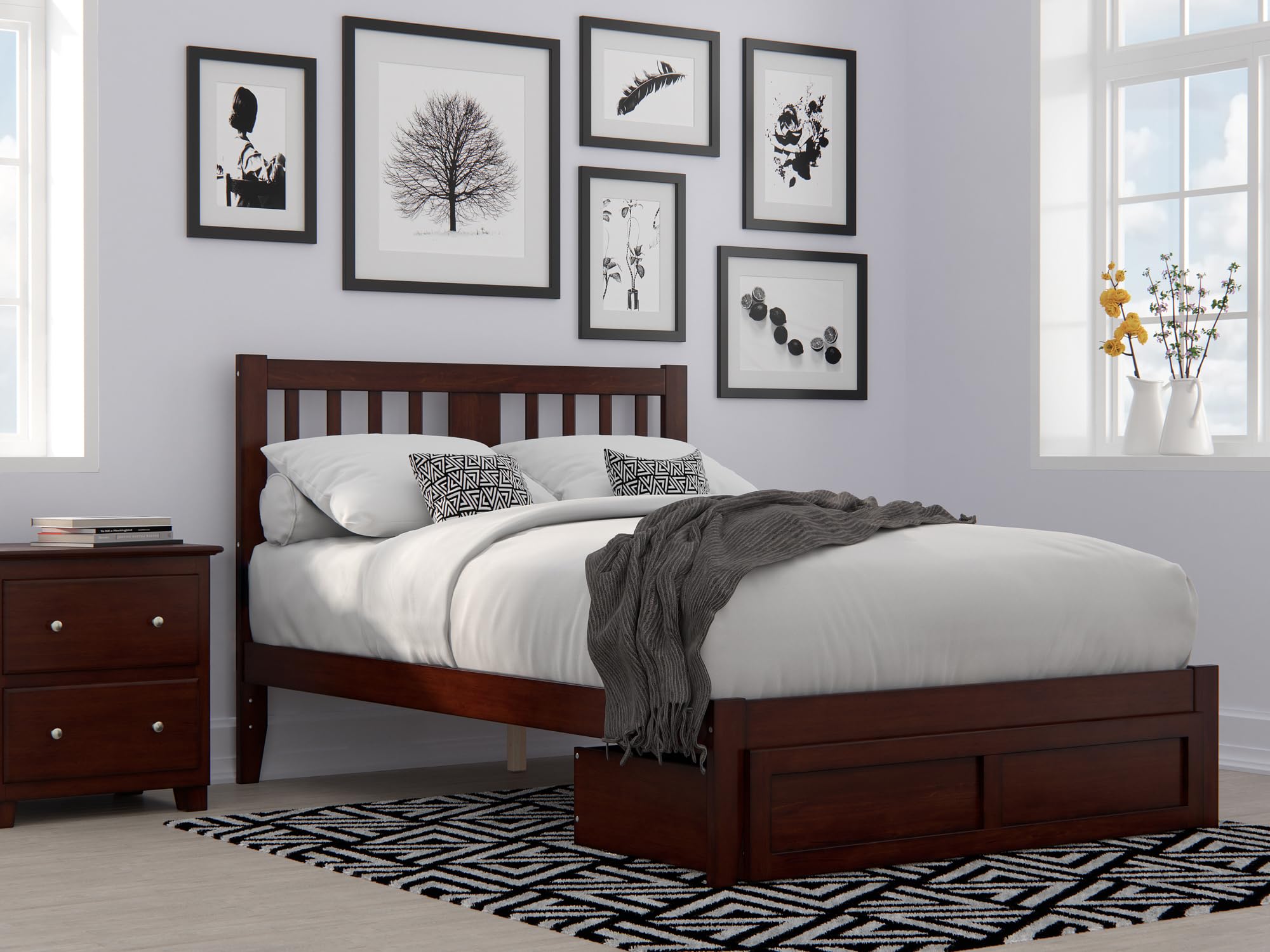 AFI Tahoe Full Size Platform Bed Frame with Foot Drawer Storage & USB Charging Station - Solid Walnut Wood - Modern Bedroom Furniture for Small Spaces & Studio Apartments