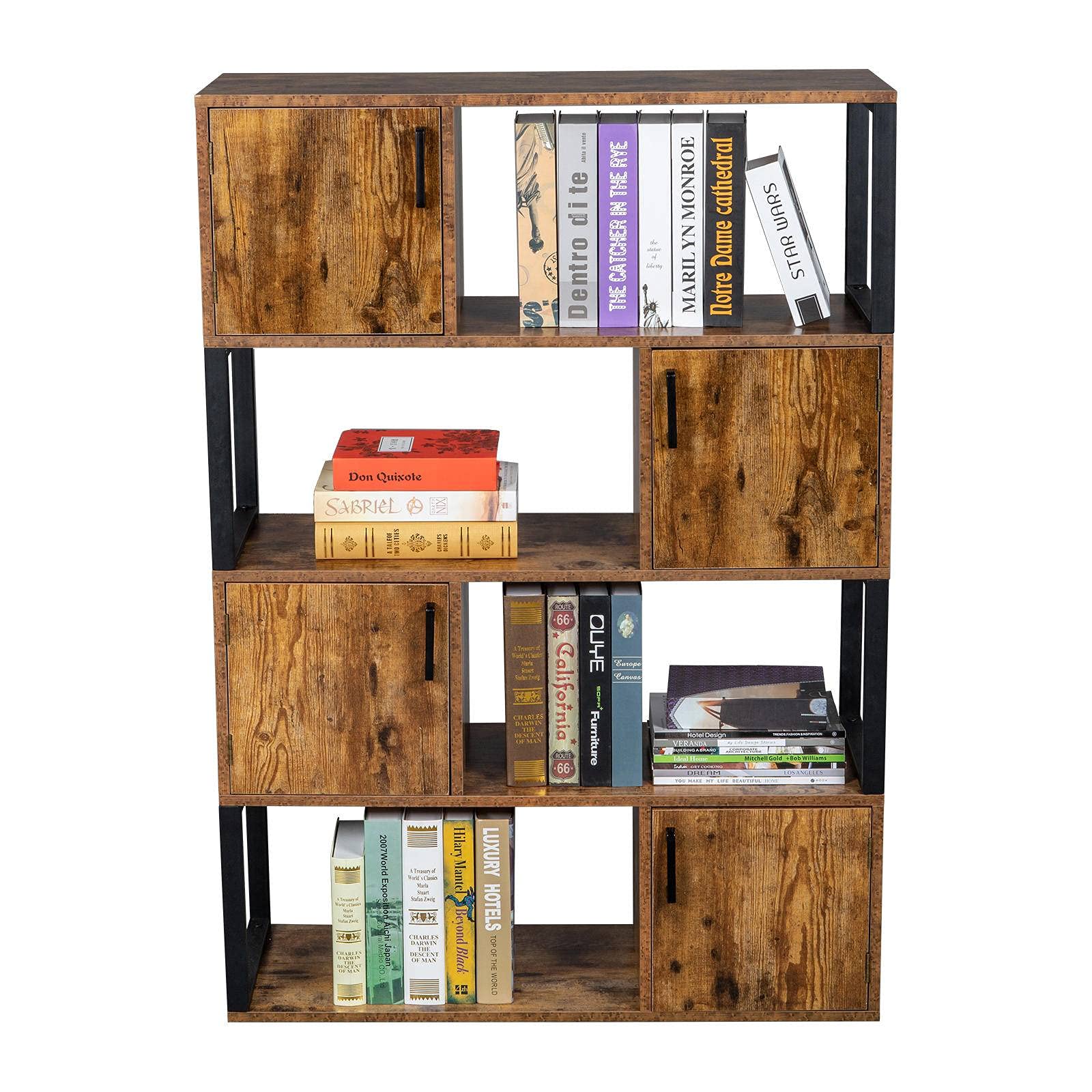 4-Tier Rustic Brown Bookcase with 4 Storage Cabinets & Cube Organizer - Sturdy Bookshelf for Living Room, Office, Bedroom - Perfect for Home Decor, Book Storage & Display