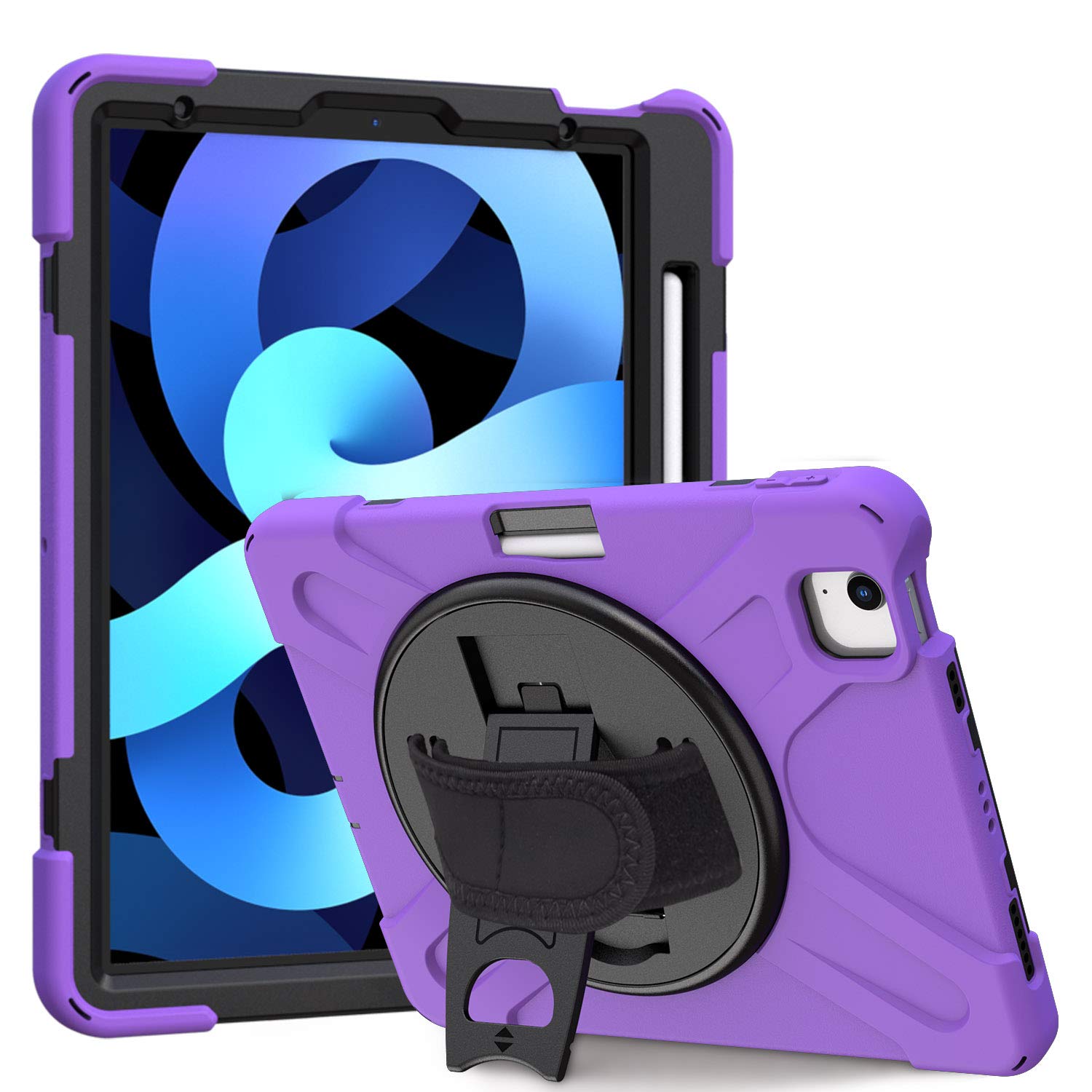 **Kowauri Heavy Duty Rugged Protective Case for iPad Air 4 (10.9 Inch, 2020) – Shockproof Cover with Stand & Pencil Holder – Perfect for Kids, School & Outdoor Use (Purple)**