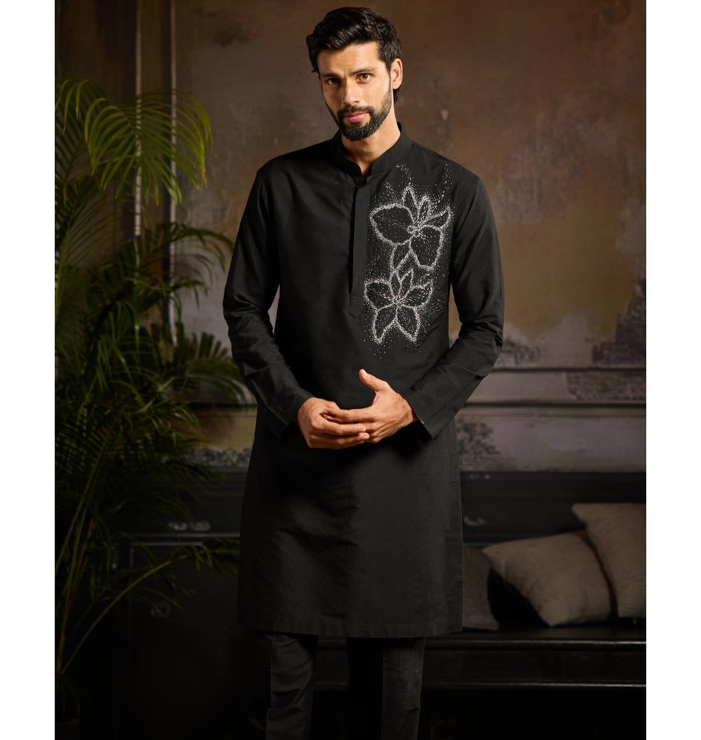 Black & Silver Star Dust Floral Motif Kurta with Matching Black Pants - Elegant Indian Ethnic Outfit for Women | Perfect for Festivals, Weddings & Cultural Events