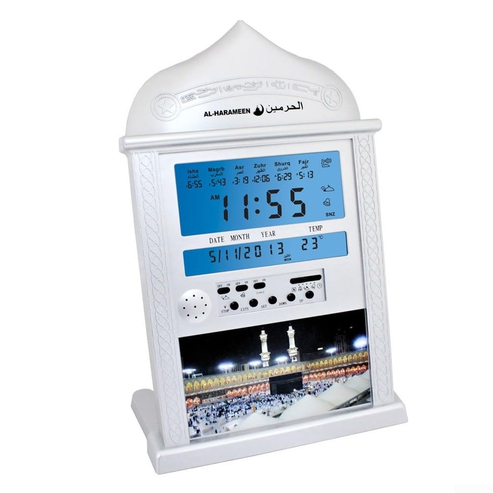 Azan Calendar Muslim Prayer Clock - Adjustable Prayer Times & Temperature Display, Silver | Perfect for Home, Mosque, and Islamic Centers