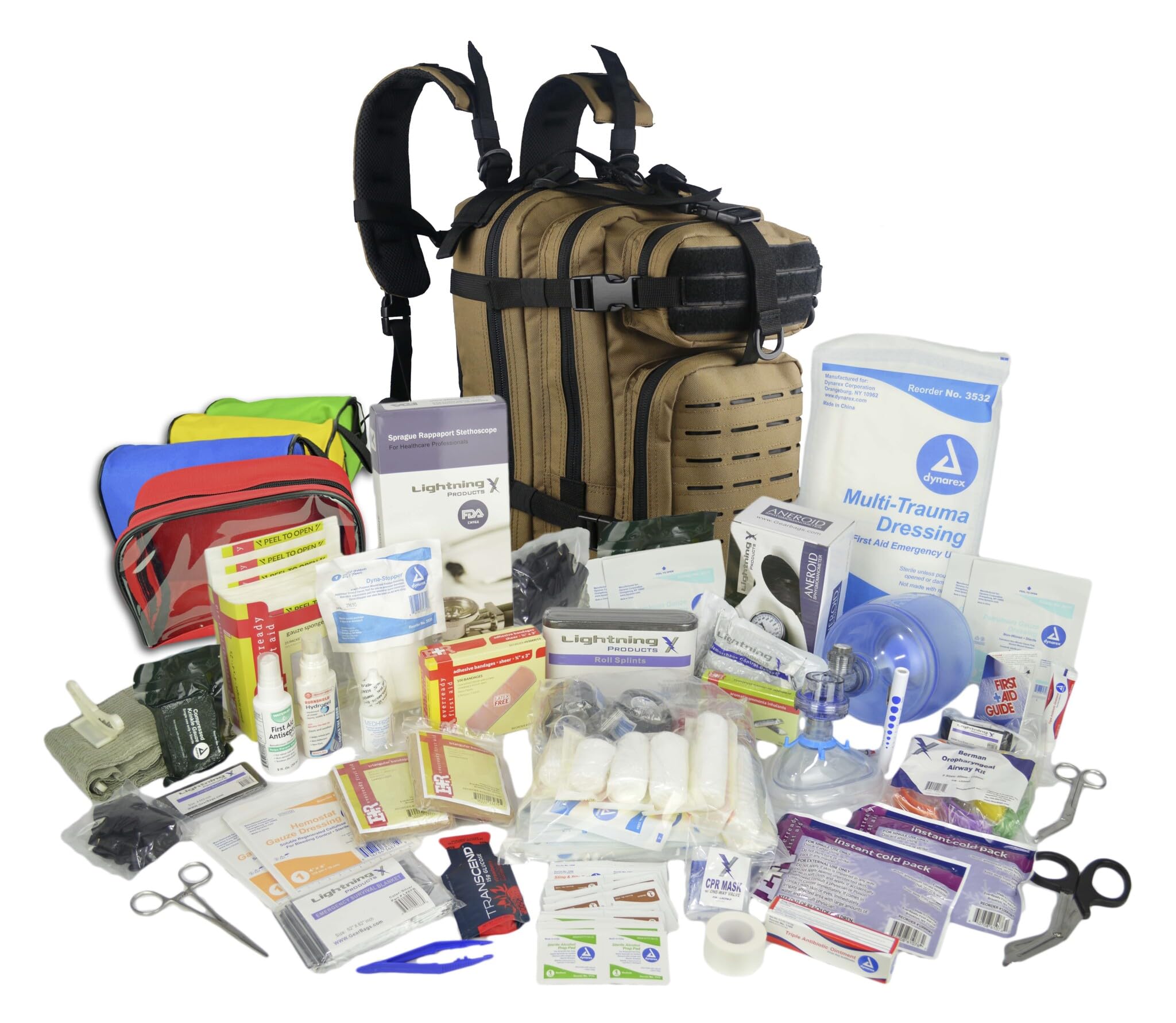 Lightning X Stocked EMS/EMT Trauma & Bleeding First Aid Responder Medical Backpack Kit with Pouches - Tan | Emergency Medical Supplies for First Responders, Outdoor Adventures & Disaster Preparedness