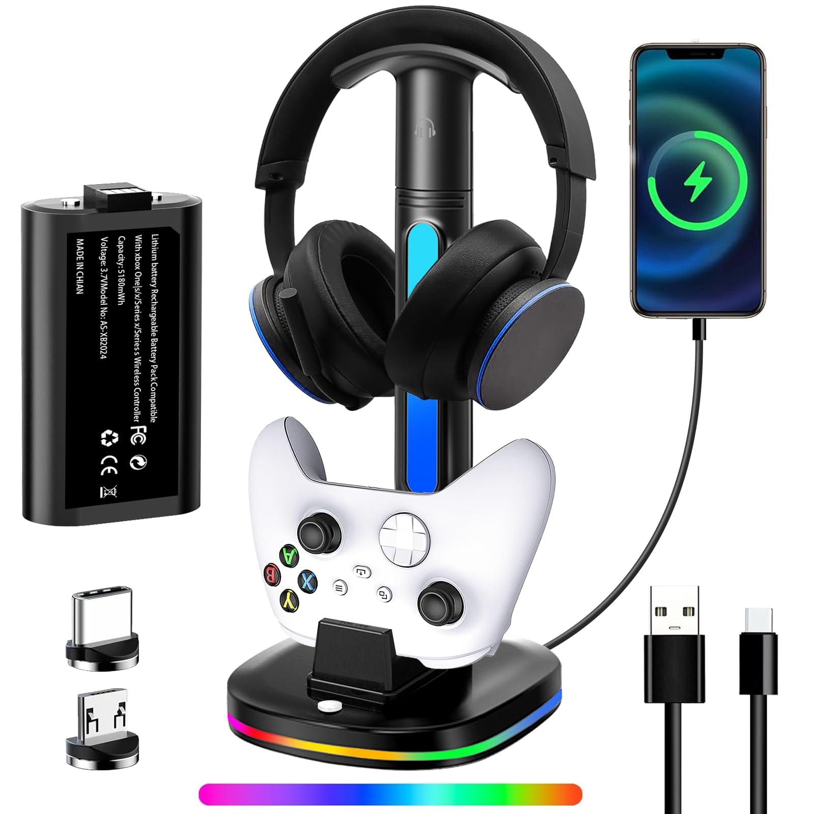 Xbox Headphone Stand with Controller Charger - RGB Gaming Controller Charging Station & Headset Holder for Xbox Series X/S, Xbox One X/S - Includes 5180mWh Rechargeable Battery Pack - Perfect for Gaming Setup & Organized Gaming Accessories Storage