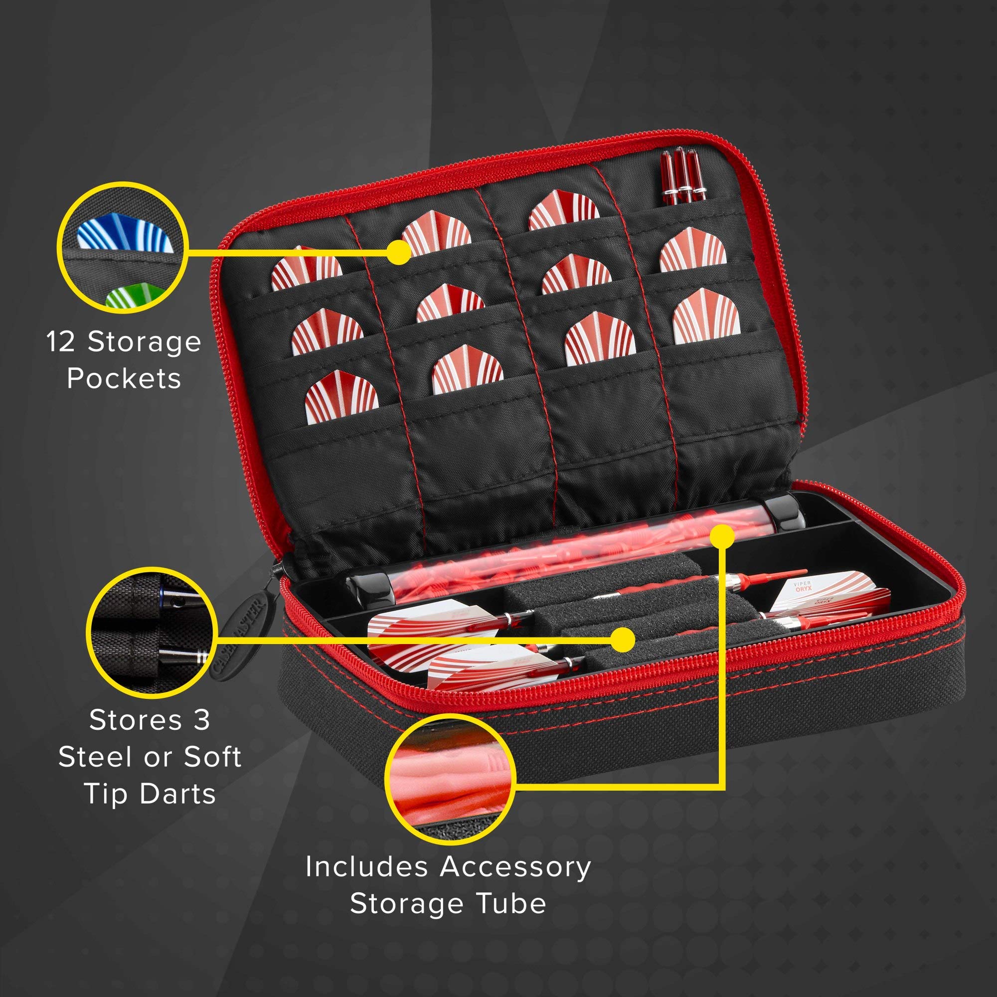 Casemaster Plazma Dart Case for Soft & Steel Tip Darts - Holds 3 Darts with Built-In Storage Tube & Pockets for Flights, Tips, Shafts & Accessories - Perfect for Bars, Tournaments & Home Practice