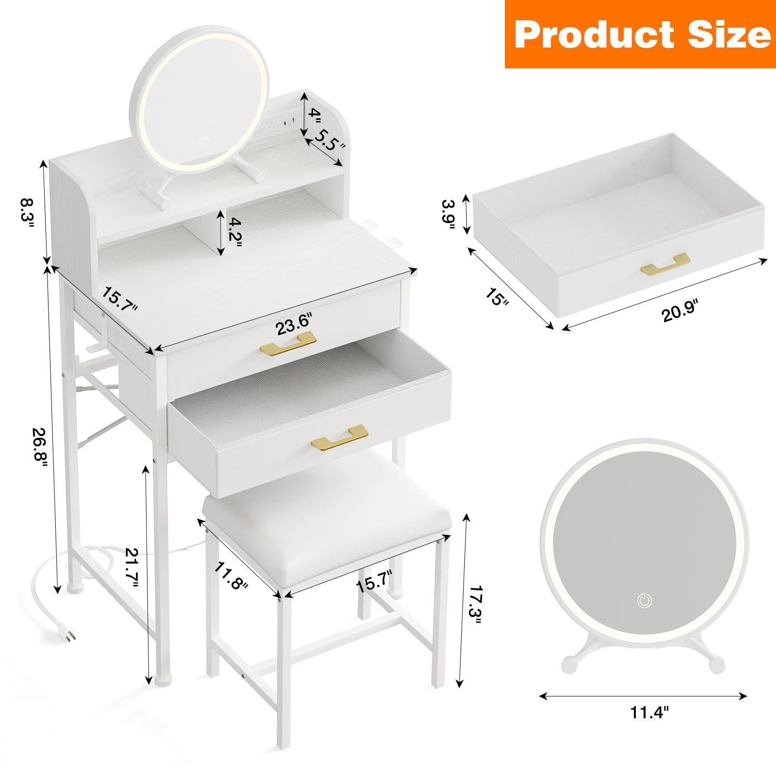 Fixwal White Small Vanity Desk Set with Lighted Mirror & Chair, Makeup Dressing Table with 2 Fabric Drawers & Power Outlet, Compact Vanity Table with Cushioned Stool for Small Bedroom Spaces - Perfect for Makeup, Skincare & Jewelry Organization
