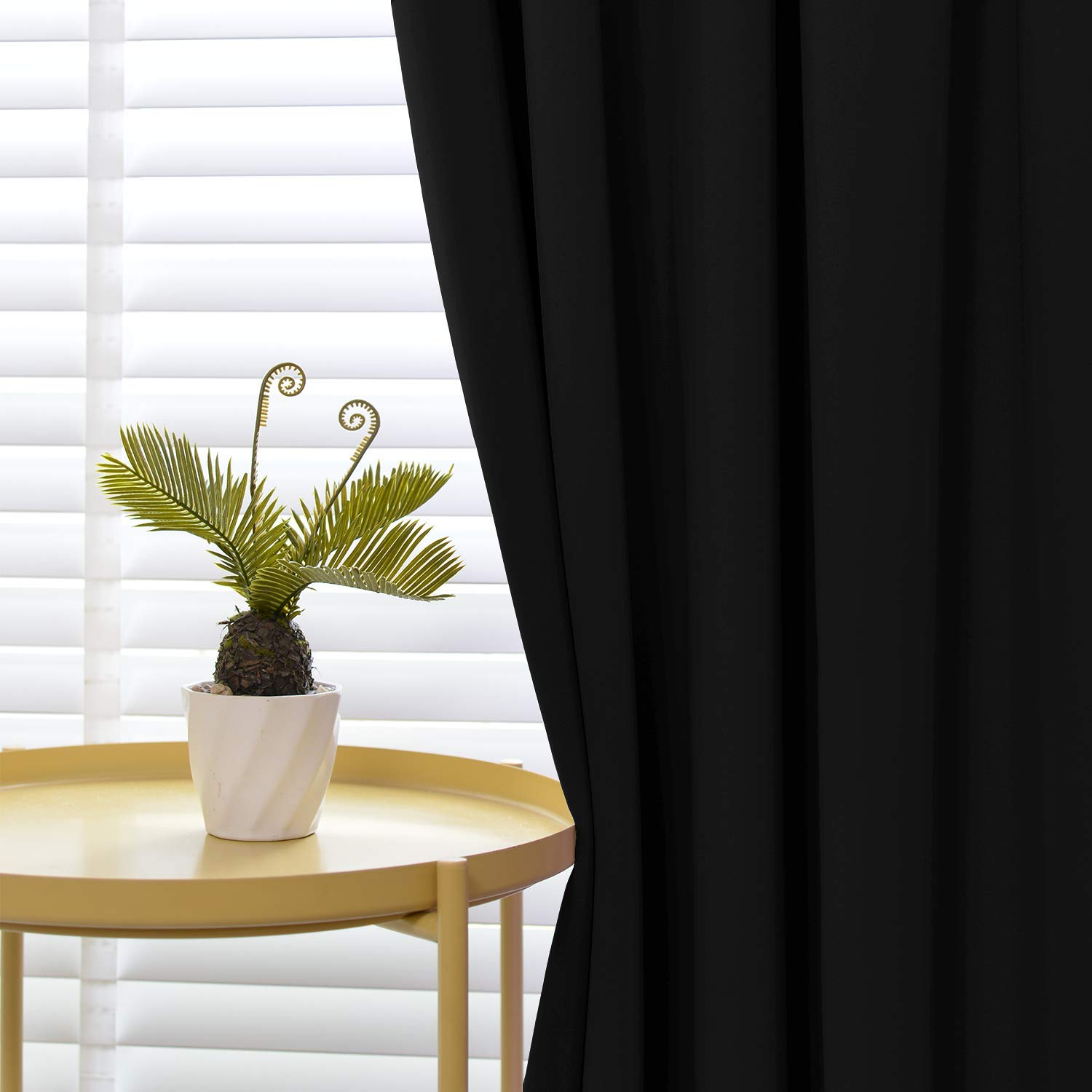 Yakamok Blackout Curtains for Bedroom & Living Room - Thermal Insulated Room Darkening Drapes with Rod Pocket, 2 Panels (52W x 45L Inch, Black) - Perfect for Light Blocking, Privacy & Energy Efficiency