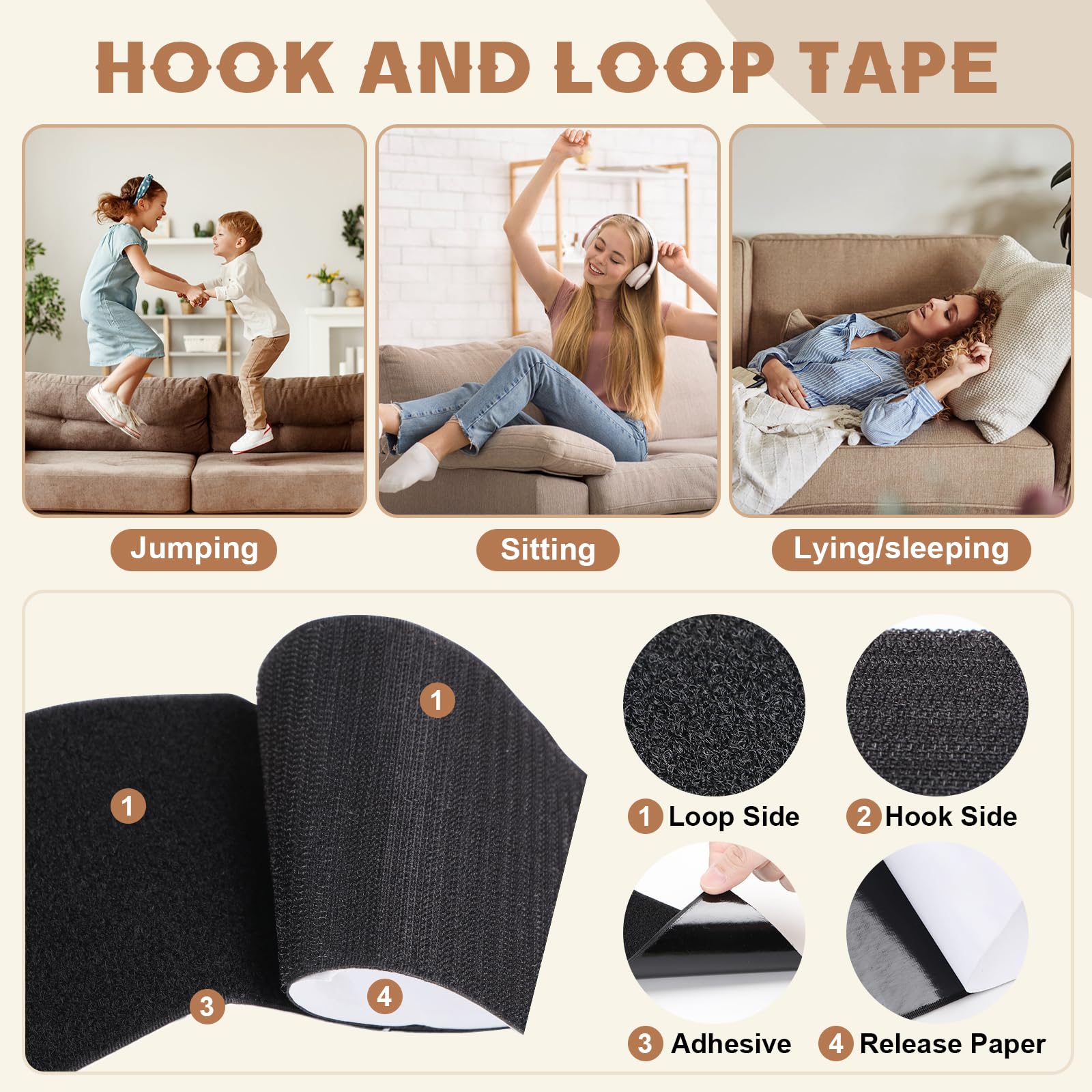 4 Inch x 16.5 Feet Heavy Duty Black Hook and Loop Tape with Strong Adhesive - Non-Slip Rug Gripper for Couch Cushions, Carpets, Mattresses - Prevent Sliding for Home, Office & Outdoor Use (Patio, RV, Furniture)