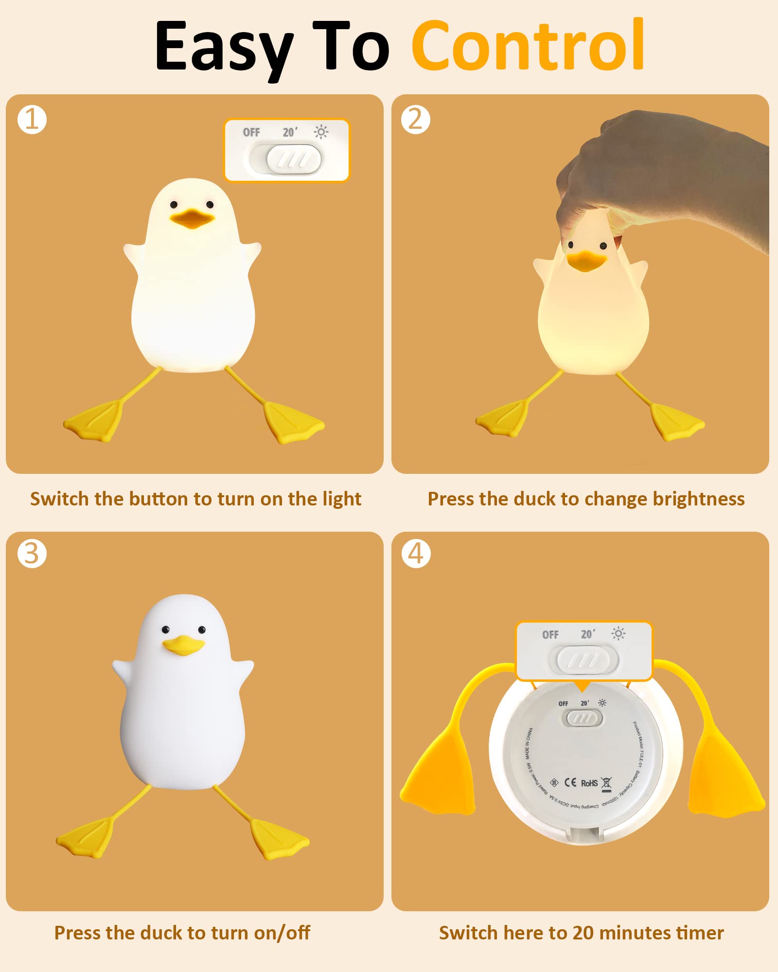 Attivolife Cute Duck Night Light for Kids - Touch Control Dimmable LED Silicone Lamp with Timer, USB Rechargeable Nursery Nightlight for Baby Toddler Women | Bedroom Decor, Feeding Light, Birthday Gift Idea