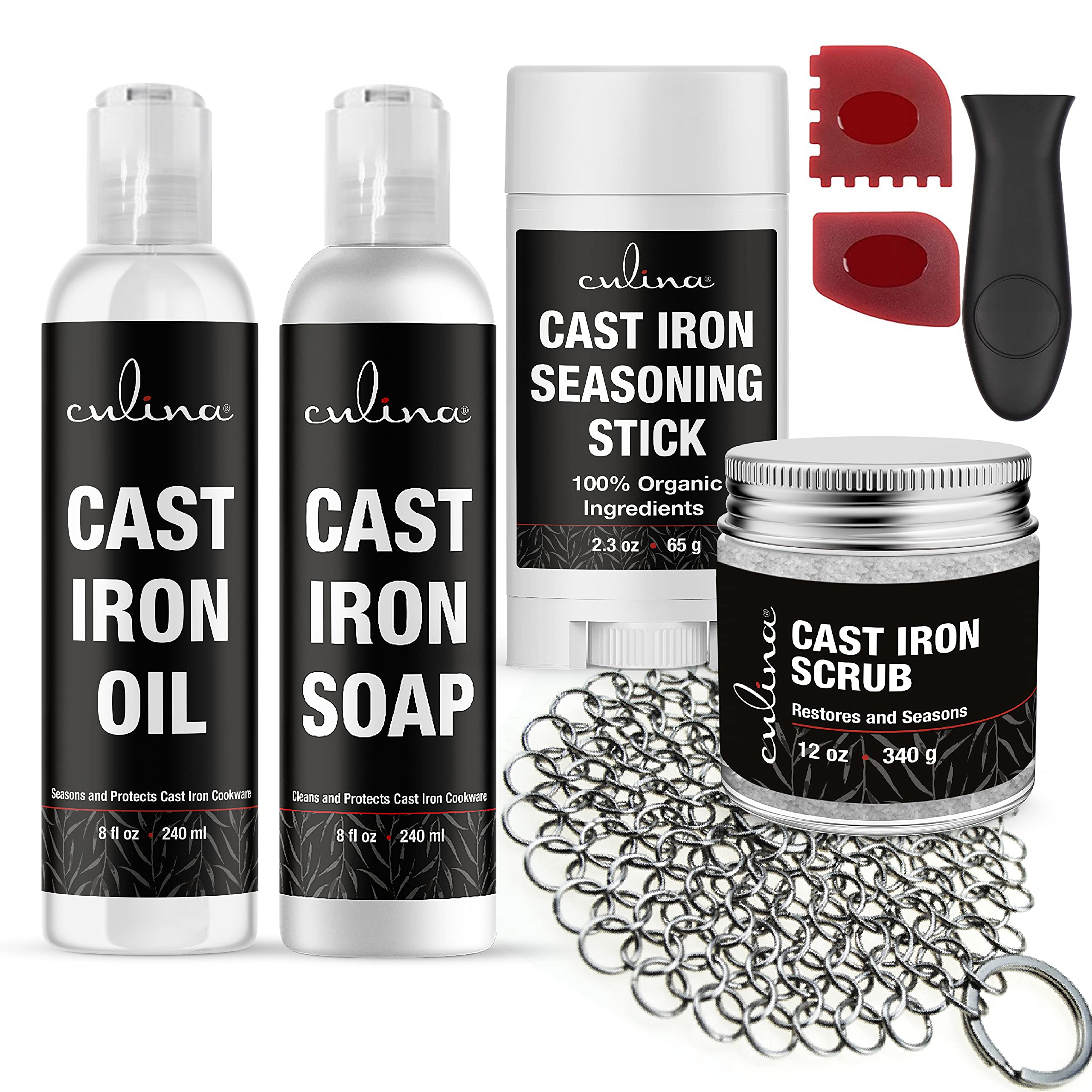**Cast Iron Seasoning Stick with Soap Oil Conditioner – All Natural Restoring Scrub & Stainless Steel Scrubber Handle | Scraper Included for Cast Iron Cookware Care | Perfect for Grill Pans, Skillets & Dutch Ovens**