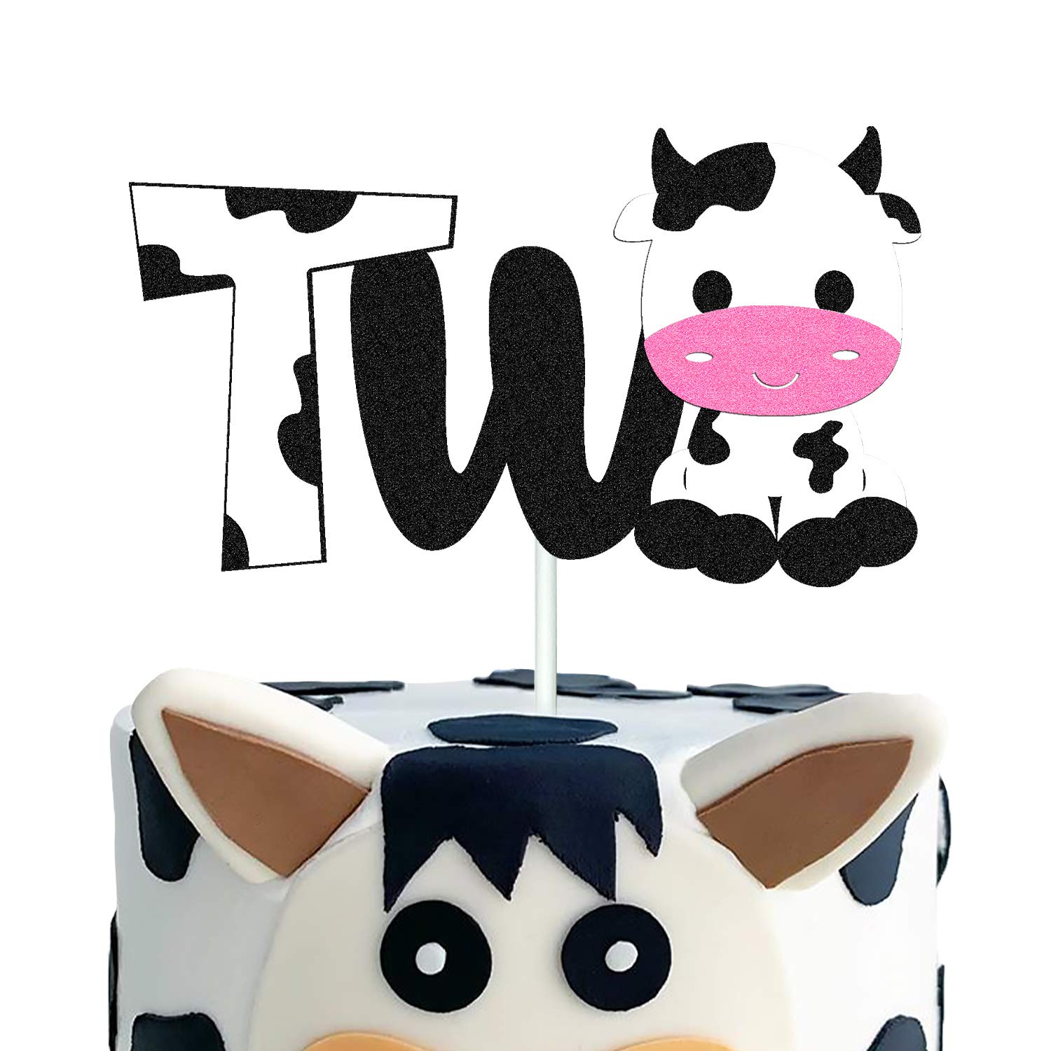 Happy 2nd Birthday Cow Cake Topper - Double Sided Black Sparkle Farm Animal Decorations for Cow Themed 2nd Birthday Party, Zoo Party Supplies - Perfect for Farm Animal Birthday Cakes, Baby Showers & Barnyard Celebrations