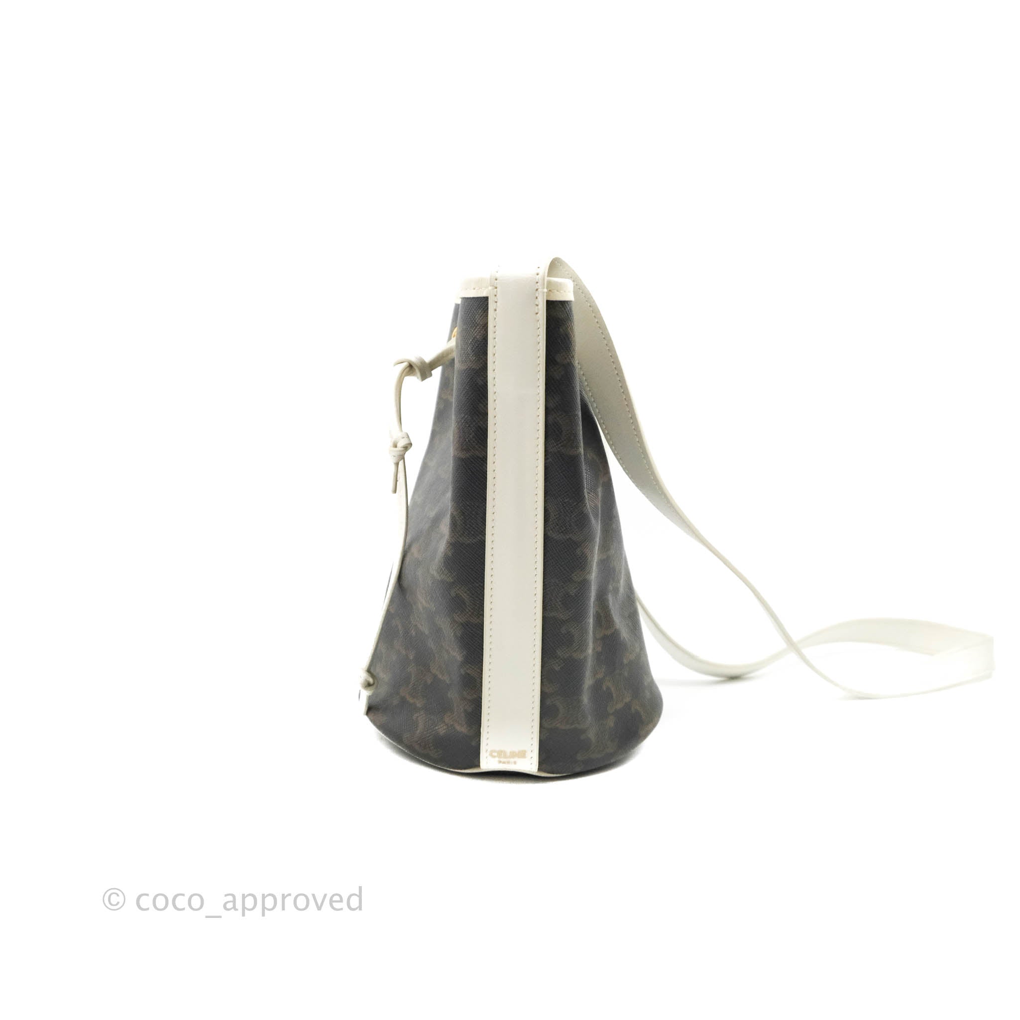 Celine Small Drawstring Bag Triomphe Canvas White Calfskin Leather Crossbody Purse for Women | Luxury Designer Handbag for Everyday Use & Special Occasions