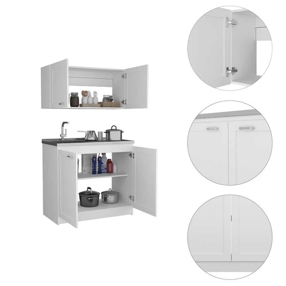 White Perseus Kitchen Cabinet Set - 2-Piece Countertop Storage Organizer for Pantry, Bathroom & Office