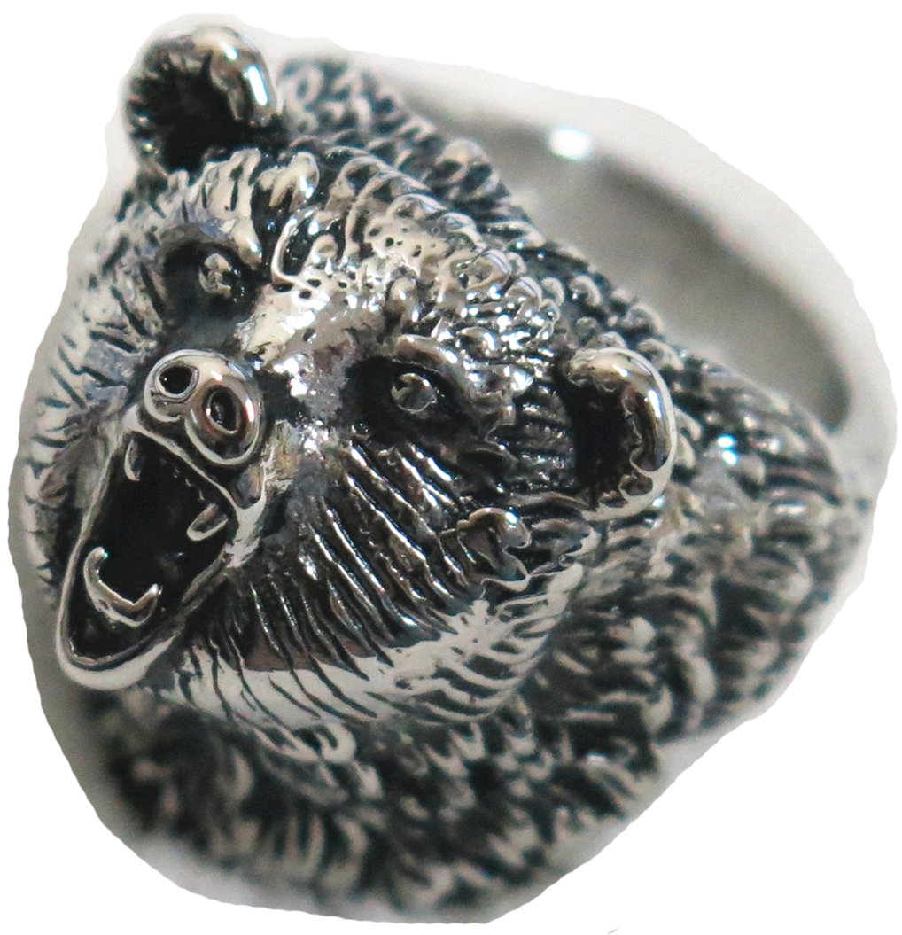 Noveltees Wild Grizzly Bear Silver Stainless Steel Biker Ring - Size 11 - Edgy Jewelry for Motorcycle Riders & Outdoor Enthusiasts