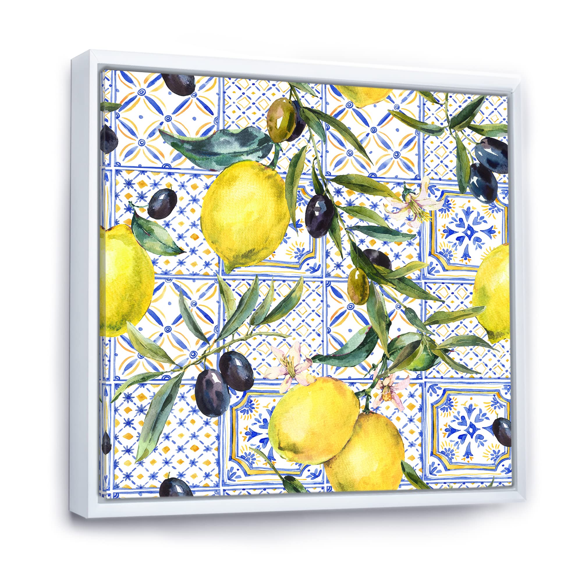Lemon Ornament on Blue Geometric Pattern III - Tropical Framed Canvas Wall Art Print for Home Decor, Kitchen, Living Room & Office