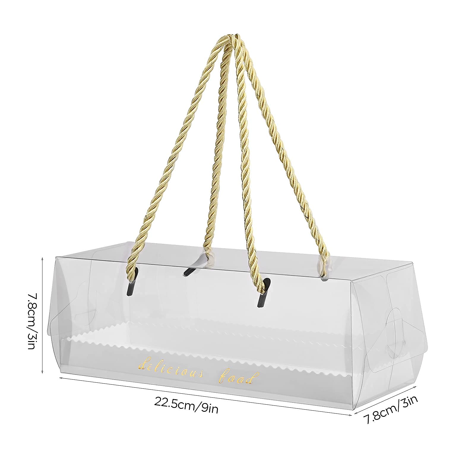 10 Pack Clear Pastry Boxes with Handle - 9x3x3 Inch Bakery Gift Boxes for Cupcakes, Cookies, Candy & Desserts - Gold Rim Ribbon Decoration - Perfect for Birthday Parties, Wedding Favors & Special Events