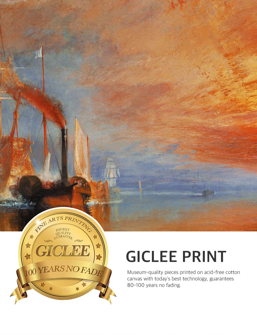 DECORARTS - The Fighting Temeraire by William Turner - High Quality Oil Painting Reproduction Giclee Print on Canvas - Framed Wall Art Ready to Hang (30x22 Inches) - Perfect for Living Room, Bedroom & Office Decor