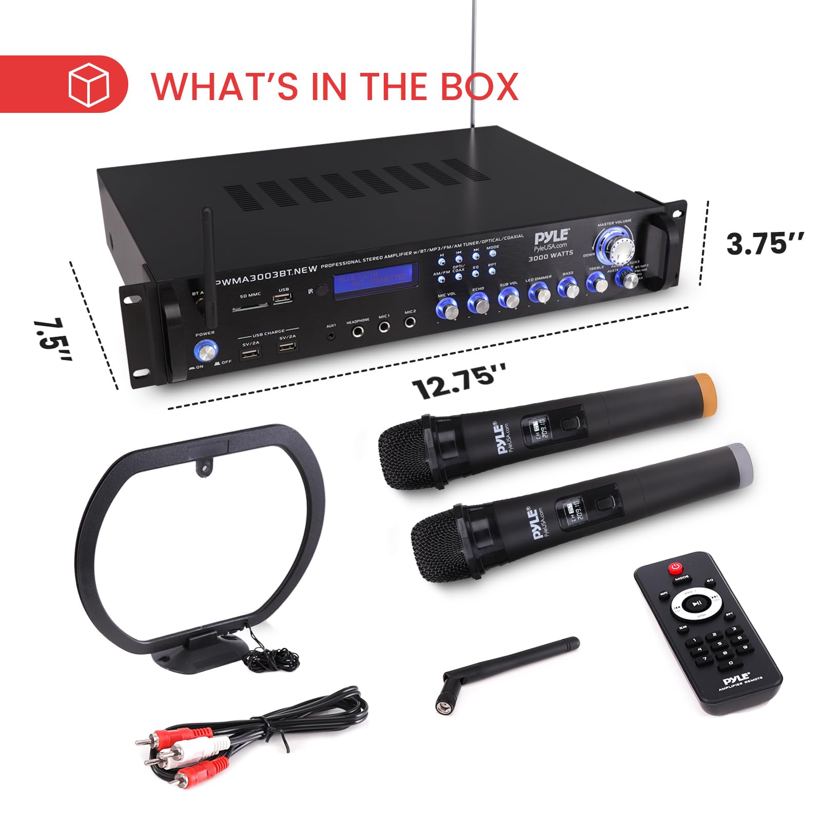 Pyle 3000W 4-Channel Bluetooth Home Audio Power Amplifier - Stereo Receiver with Speaker Selector, FM Radio, USB, Headphone Jack & 2 Wireless Mics for Karaoke - Perfect for Home Theater, Parties & Entertainment System (Model PWMA3003BT)