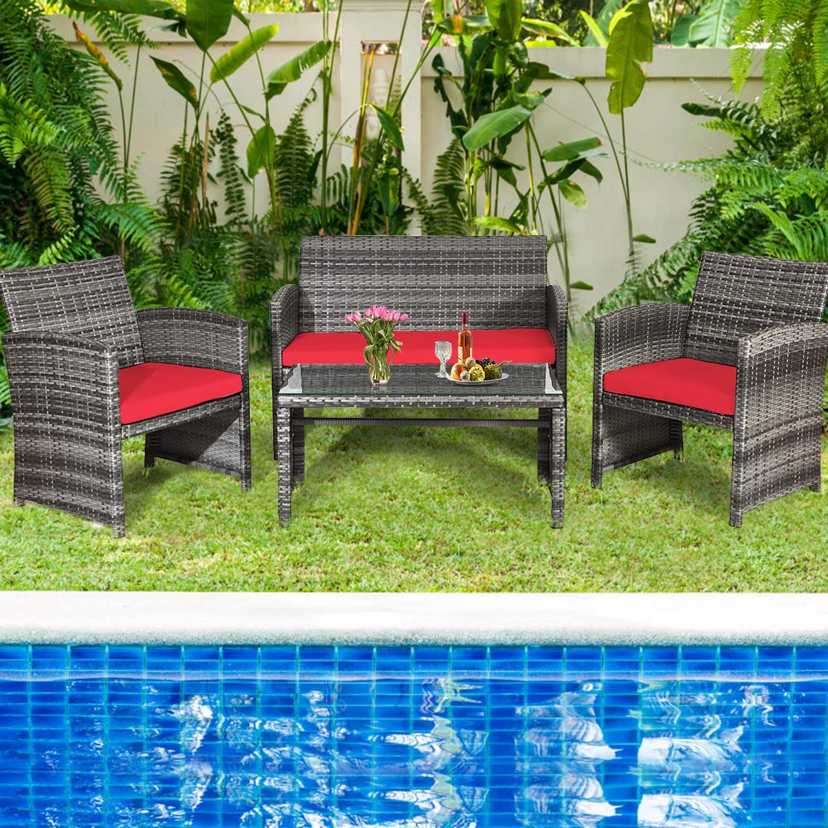 **HAPPYGRILL 4-Piece Patio Conversation Set with Soft Cushions - PE Wicker Rattan Sofa Chairs & Coffee Table - Outdoor Furniture for Garden, Poolside, Porch, Backyard (Perfect for Relaxing & Entertaining)**