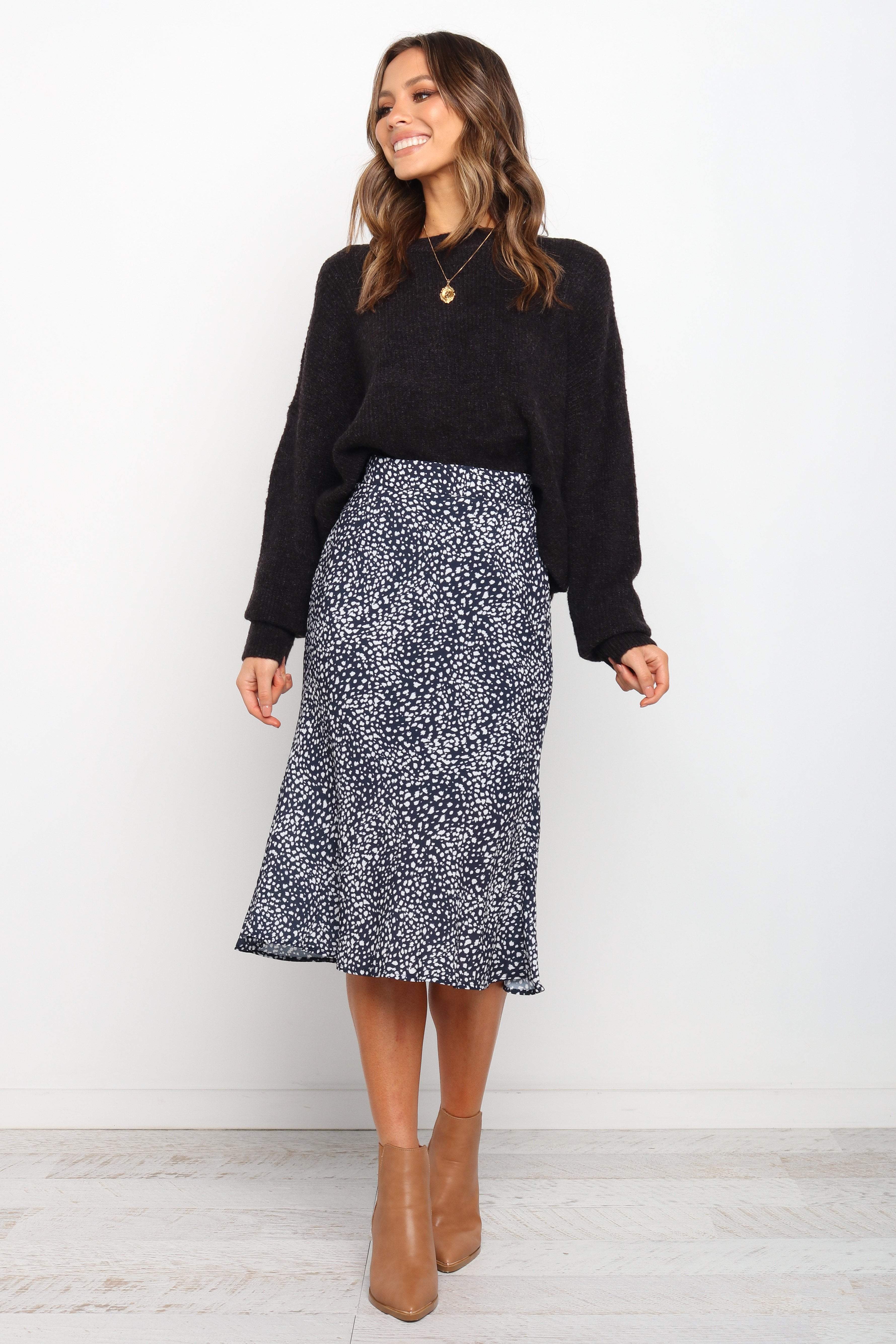 Falco Women's Navy Blue Midi Skirt - Elegant A-Line Flowy Skirt for Office, Party & Casual Wear