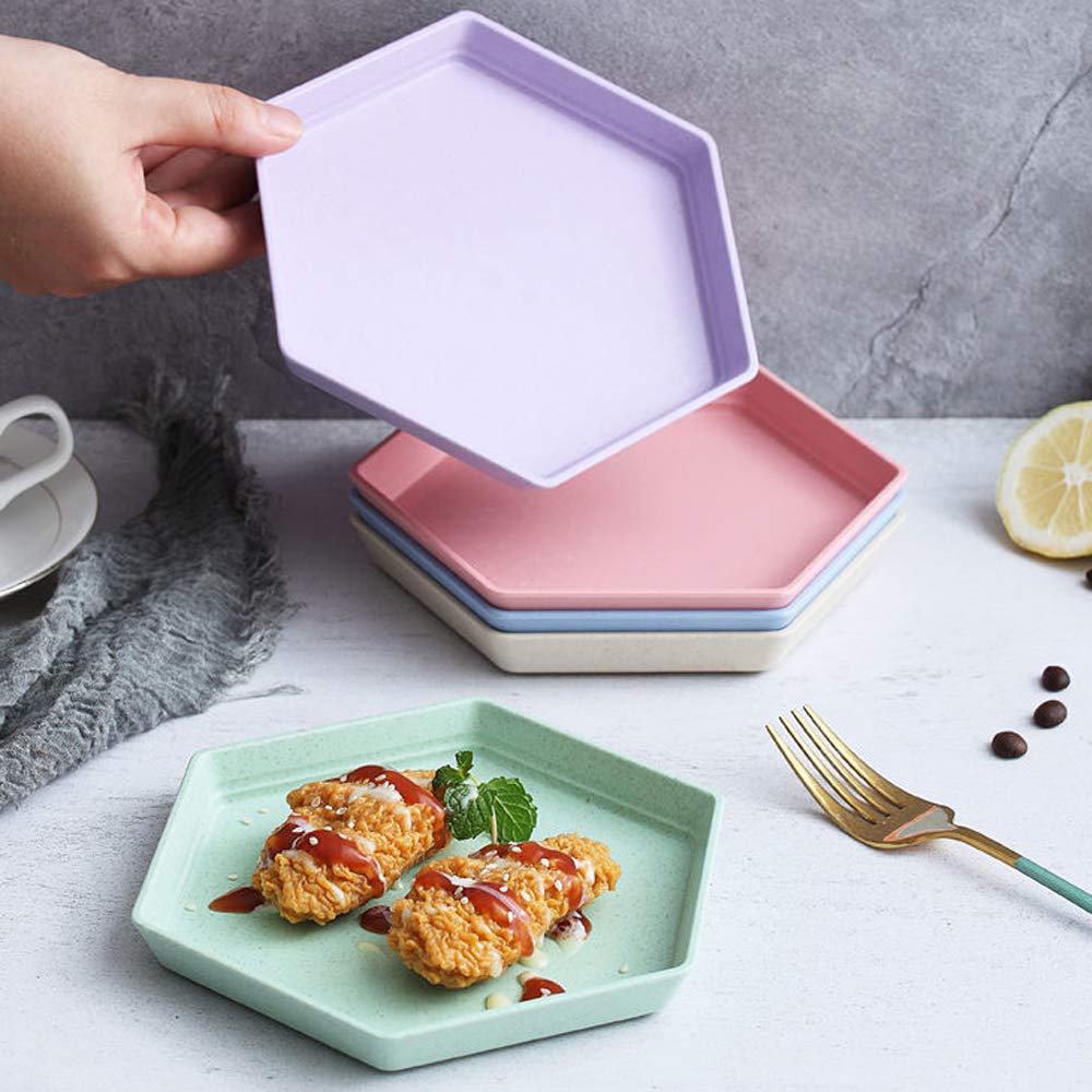5 Pack Hexagon Premium Dessert Plates - 6.7 x 5.9 Inch Unbreakable Reusable Appetizer Plates, Colorful Small Snack Saucers for Fruit, Candy, Side Dishes - Perfect for Parties, Picnics, and Home Dining (15cm, Purple)