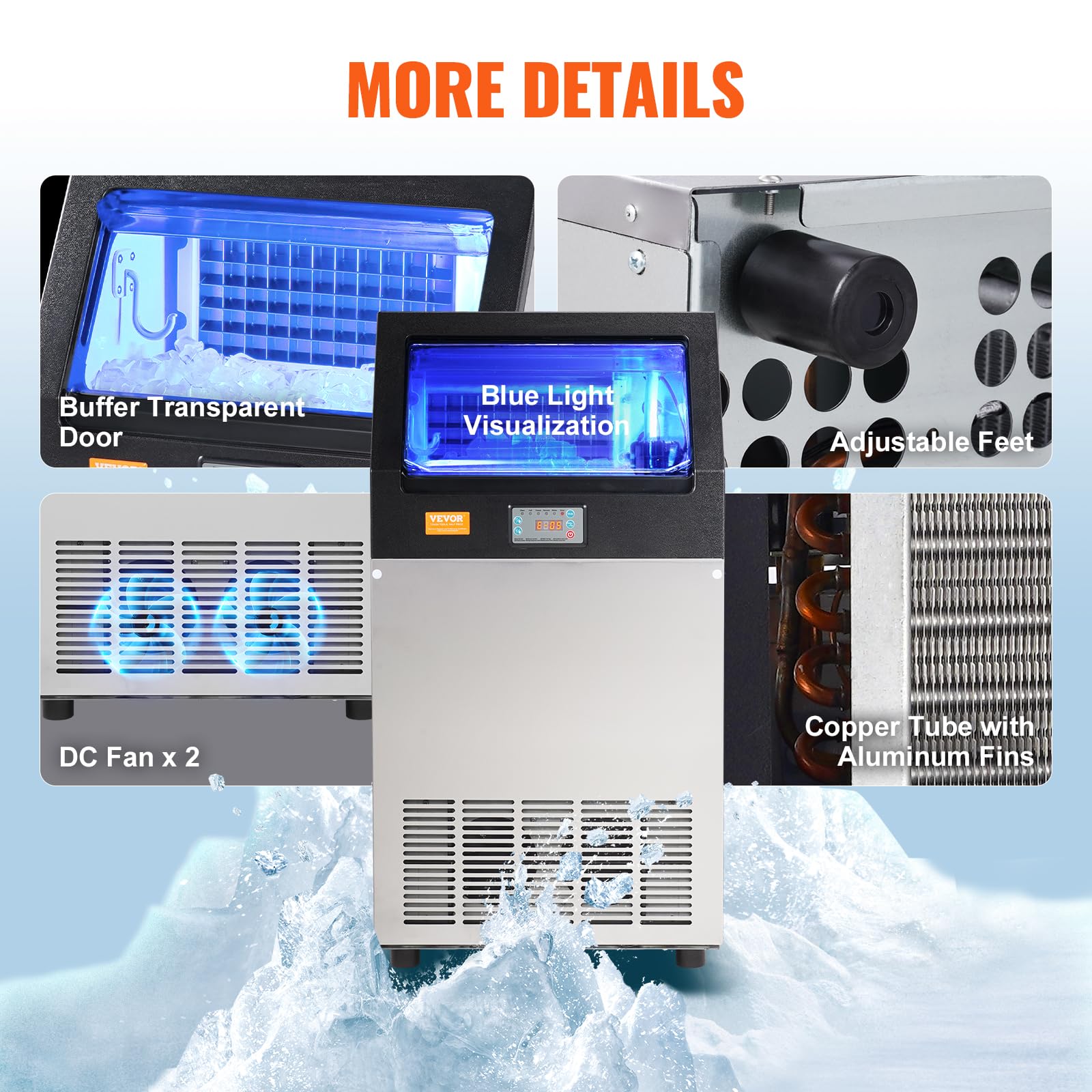 VEVOR Commercial Ice Maker Machine 140LBS/24H with 33LBS Storage - Fast 55 Ice Cubes in 12-15 Mins - Perfect for Bars, Restaurants, Home & Office Use - Ideal for Cocktails, Beverages & Food Preservation