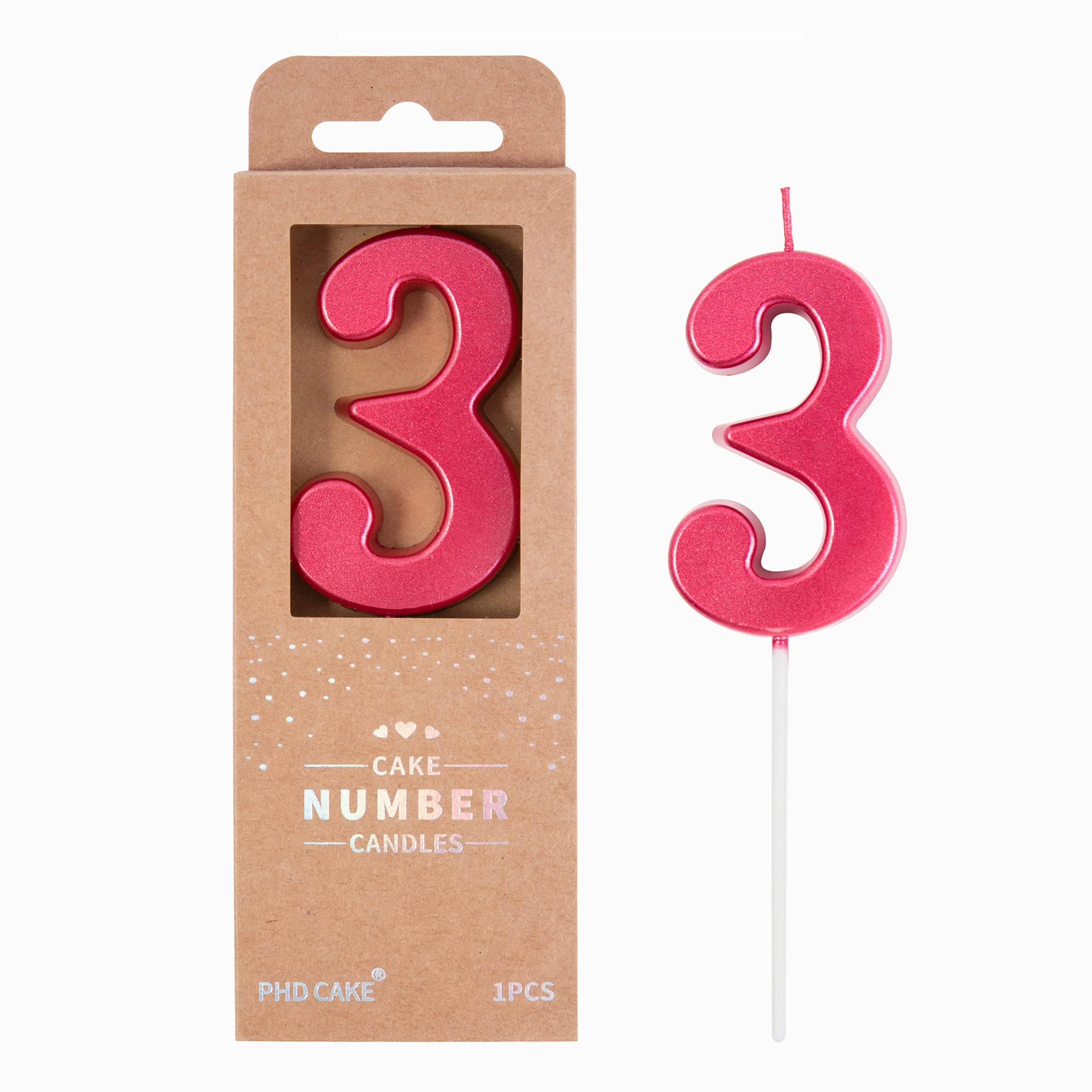 PHD CAKE 2.76 Inch Modern Red Number 3 Birthday Candles - Decorative Cake Toppers for Birthday Parties, Anniversaries & Celebrations