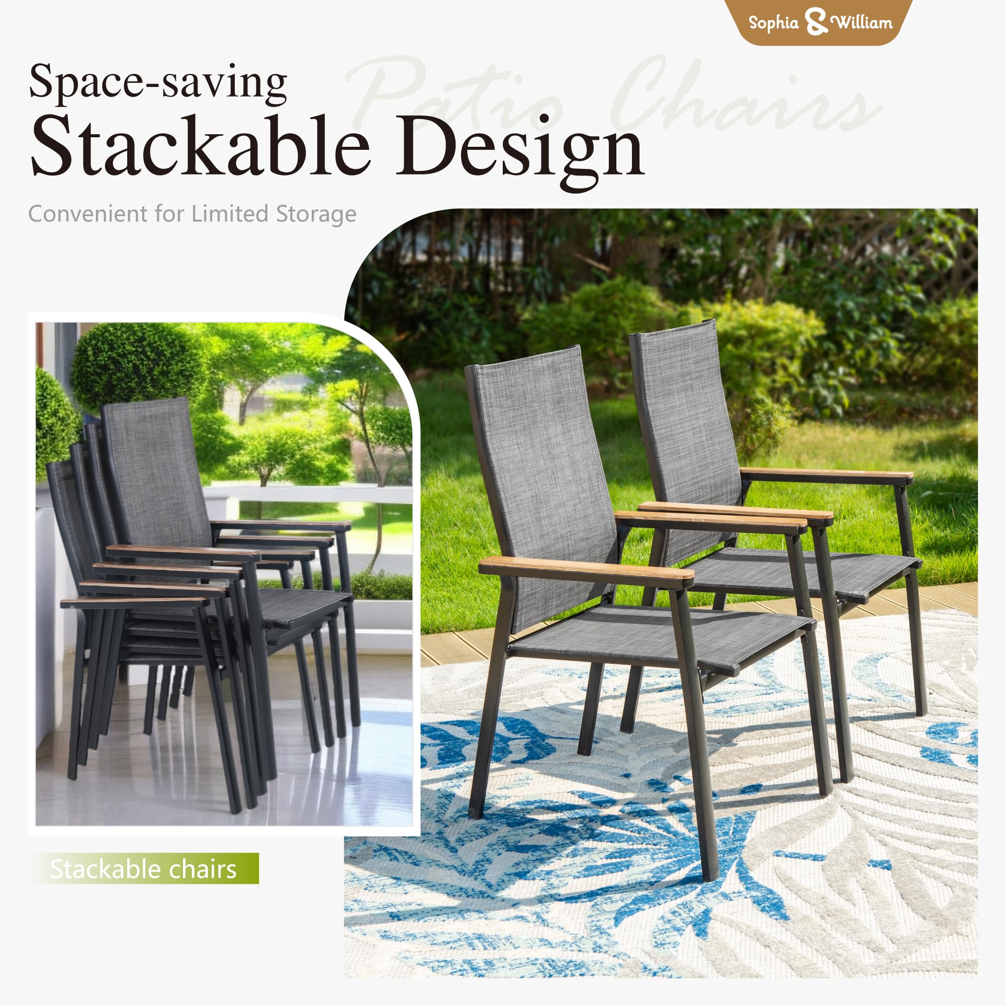 Sophia & William 4-Piece Stackable Aluminum Patio Dining Chairs Set - Lightweight Textilene Outdoor Chairs for Garden, Backyard, Poolside - Durable Weather-Resistant Furniture for Patio Dining & Relaxation