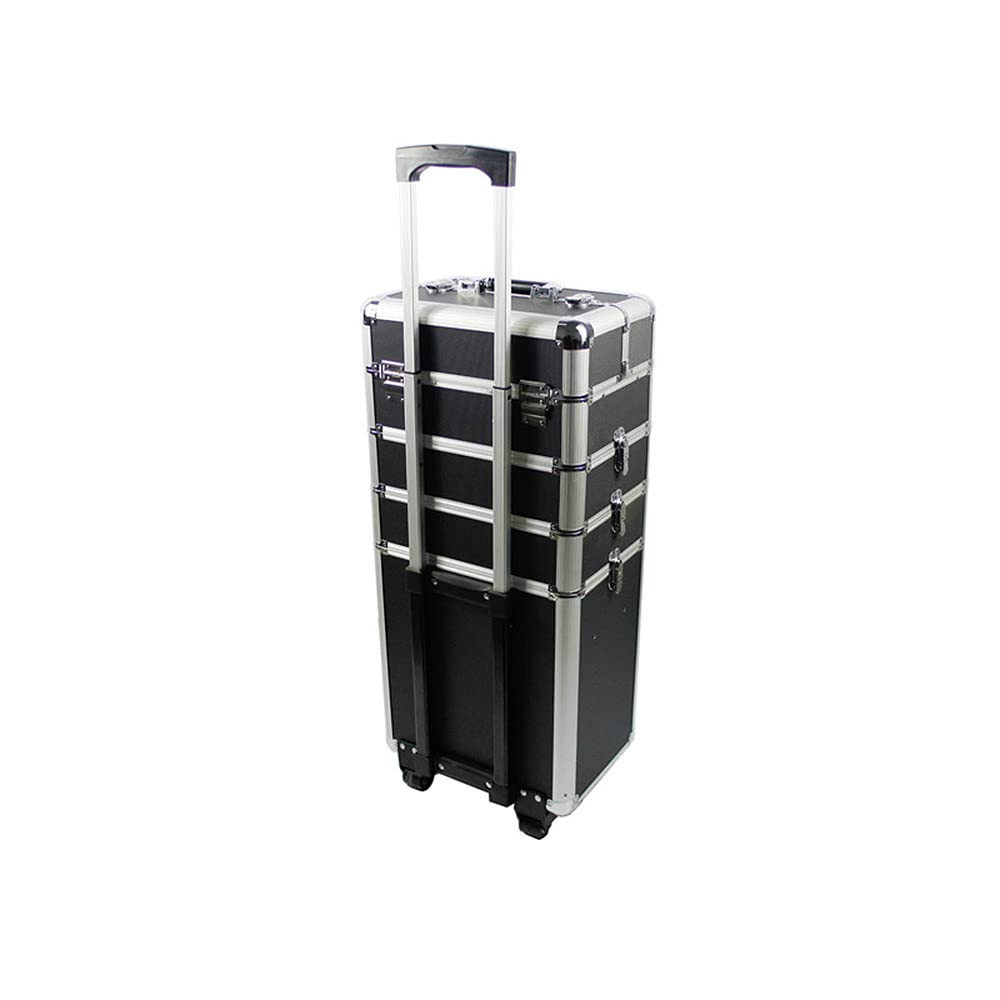 4 in 1 Professional Aluminum Makeup Train Case with Wheels - Rolling Cosmetic Organizer for Beauty Artists, Stylists & Travel - Black | Perfect for Salon, Bridal & On-Site Makeup Services