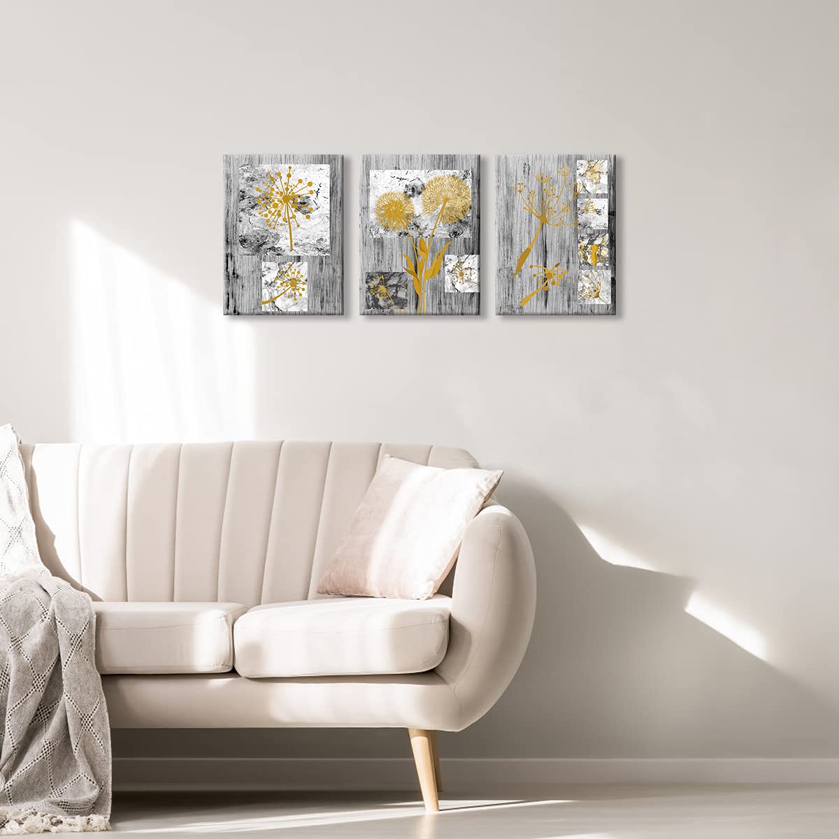 Kalormore Abstract Yellow Flowers Canvas Wall Art - Dandelion Painting Giclee Prints with Rustic Grey Background - Floral Home Decor for Living Room, Bedroom & Office