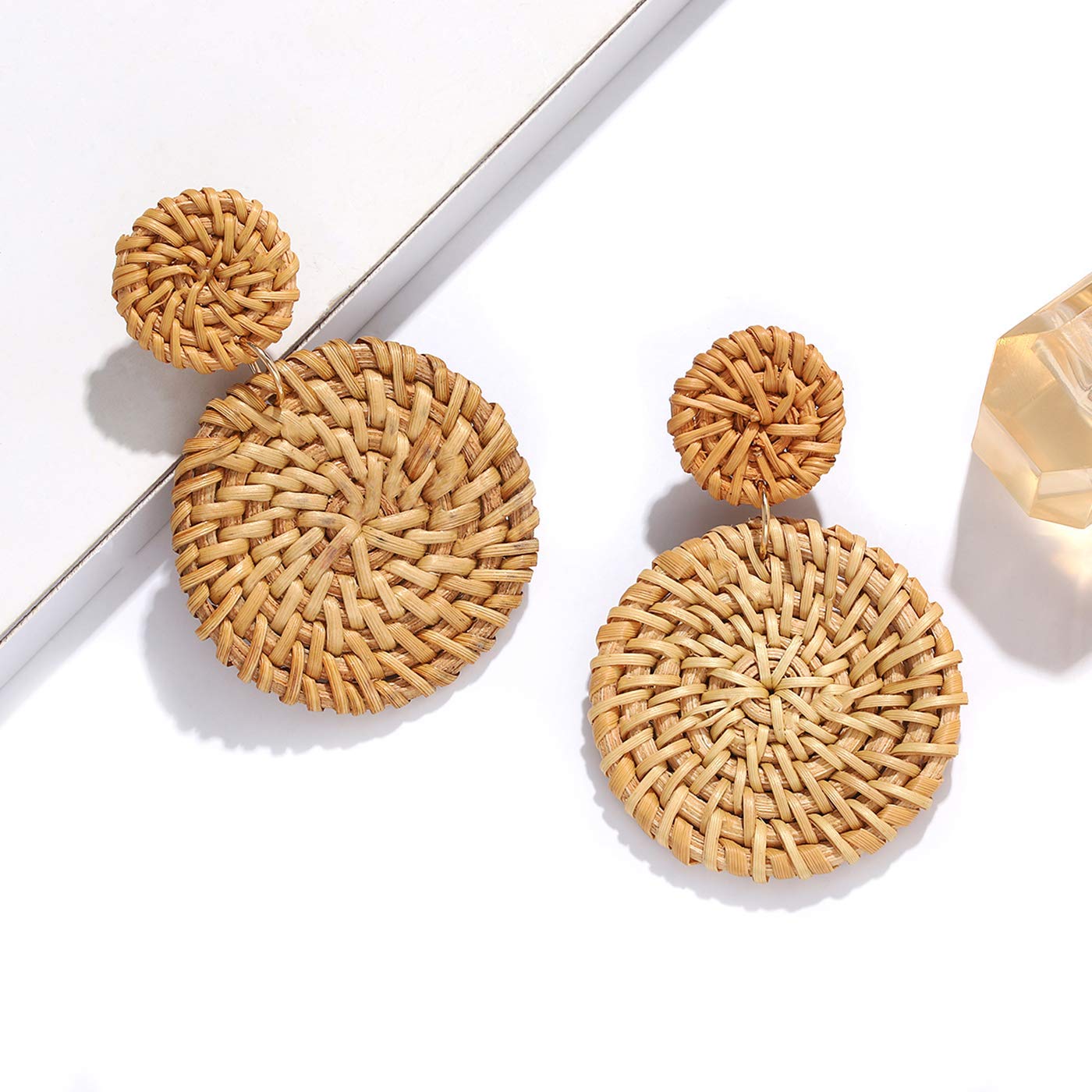 Handmade Rattan Earrings for Women - Lightweight Woven Straw Drop Hoop Earrings with Wicker Disk Stud | Boho Chic Statement Jewelry for Summer, Beach, and Casual Outfits