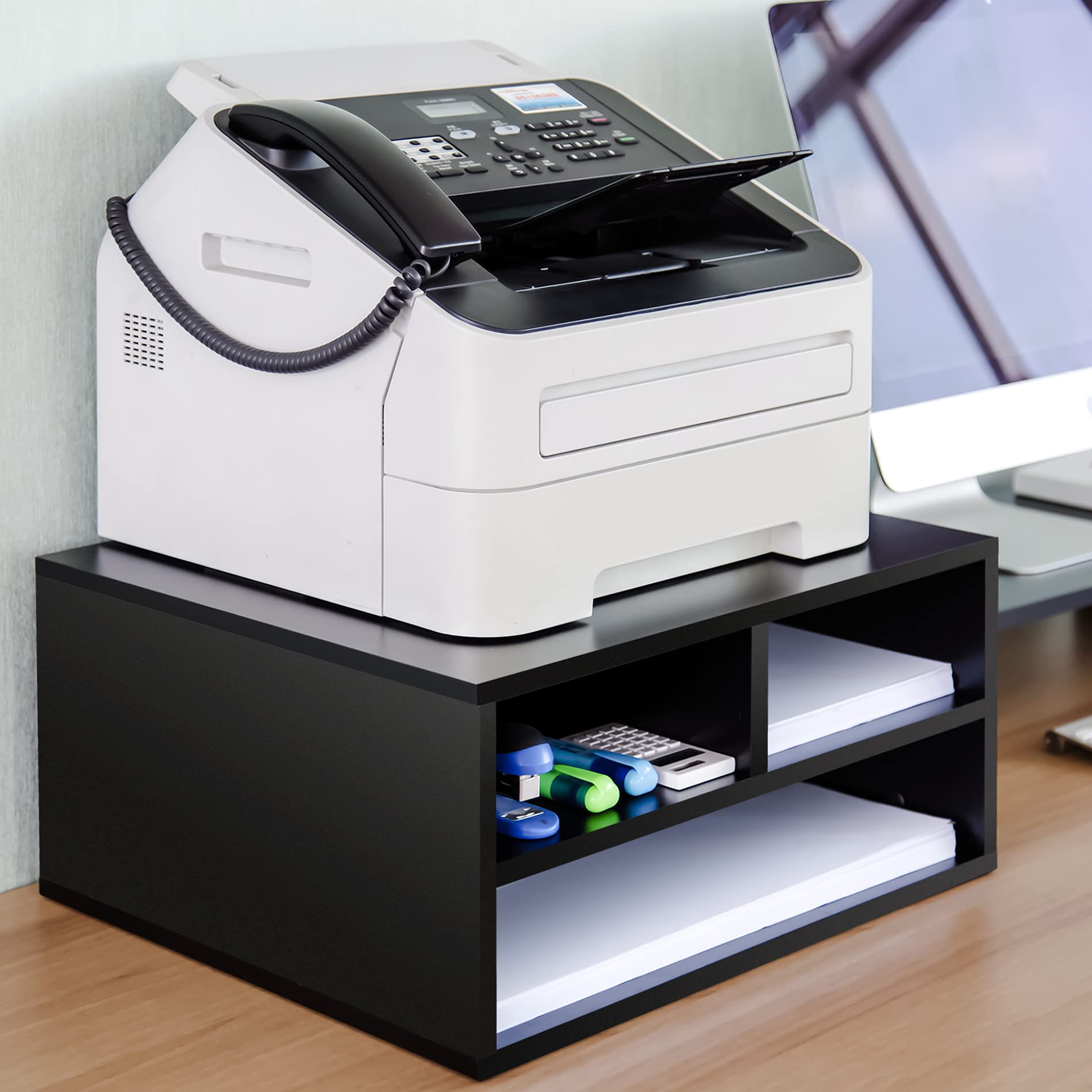 FITUEYES Large Printer Stand with 3 Storage Compartments, 2-Tier Desktop Paper Organizer Shelf for Home Office, Black (18.9