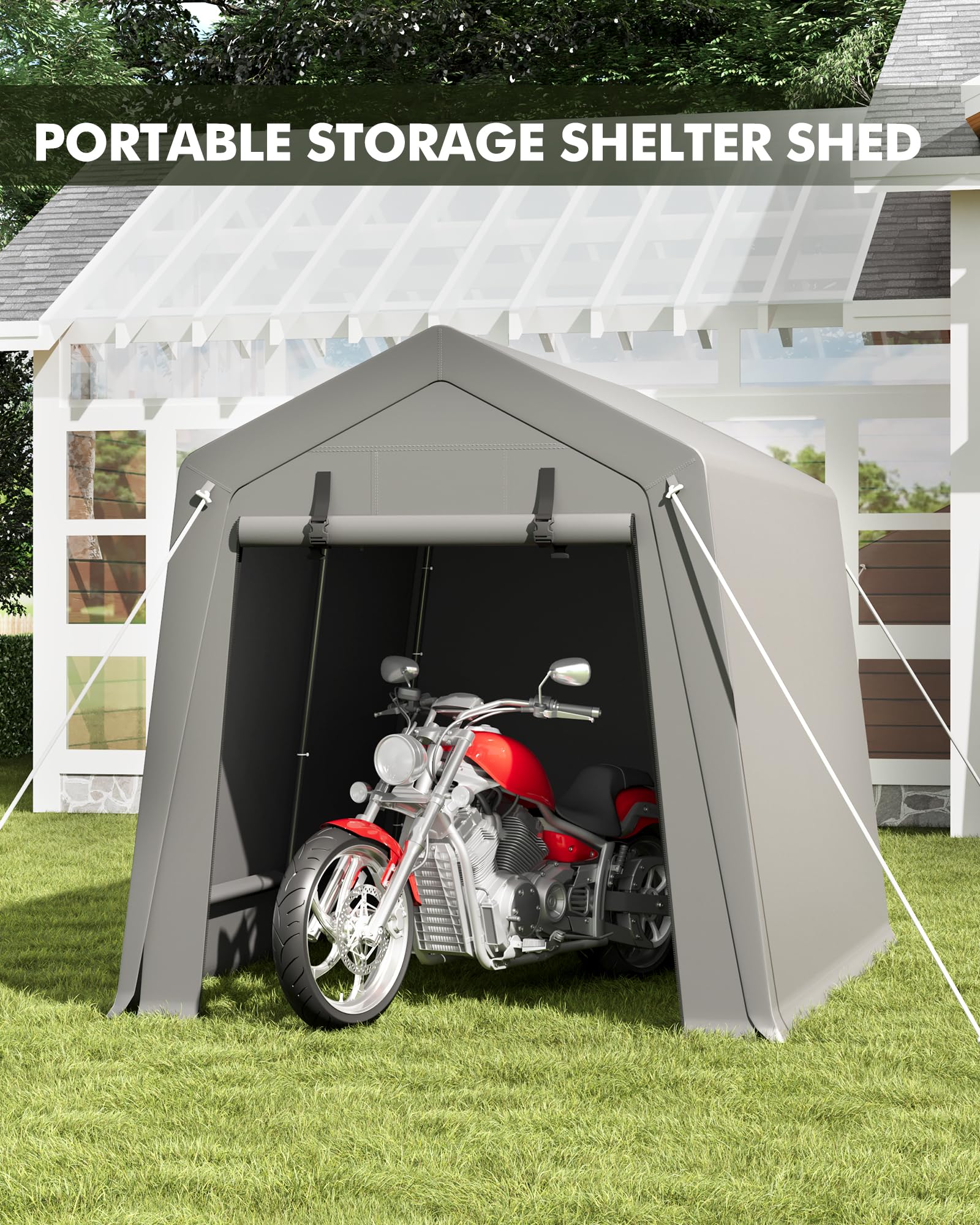 6x8 ft Heavy Duty Waterproof Carport Storage Shed with 2 Roll-Up Zipper Doors - Shelter Logic Garage Tent for Motorcycle, Bike, Garden Tools & Firewood Storage - Perfect for Backyard, Patio, RV and Outdoor Equipment Protection