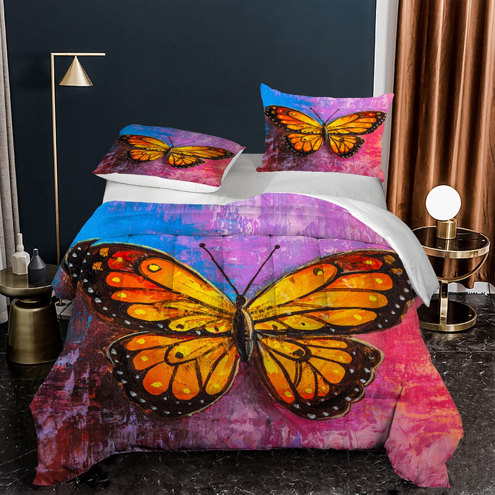 DTATY Watercolor Butterfly King Comforter Set - Vibrant Oil Painting Design, Cooling Bedding Collection (1 Comforter + 2 Pillow Shams) for Master Bedroom, Guest Room & Dorm Decor