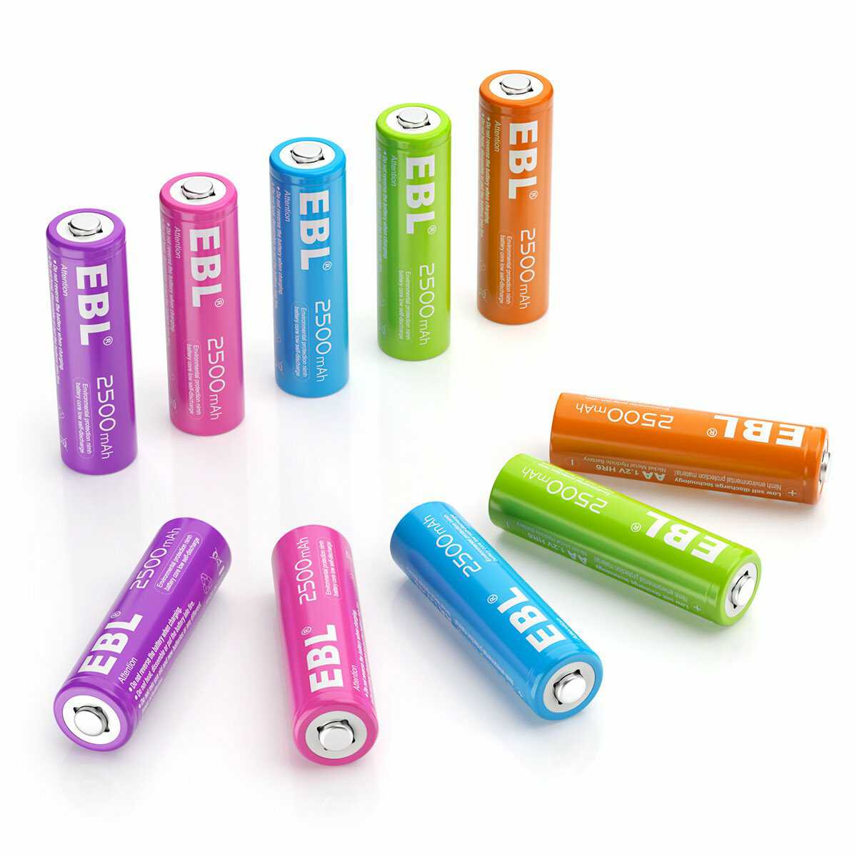 EBL 10-Pack Rechargeable AA Batteries 1.2V 2500mAh - Rainbow Colored High Capacity NiMH Batteries for Cameras, Toys, Flashlights & Electronics